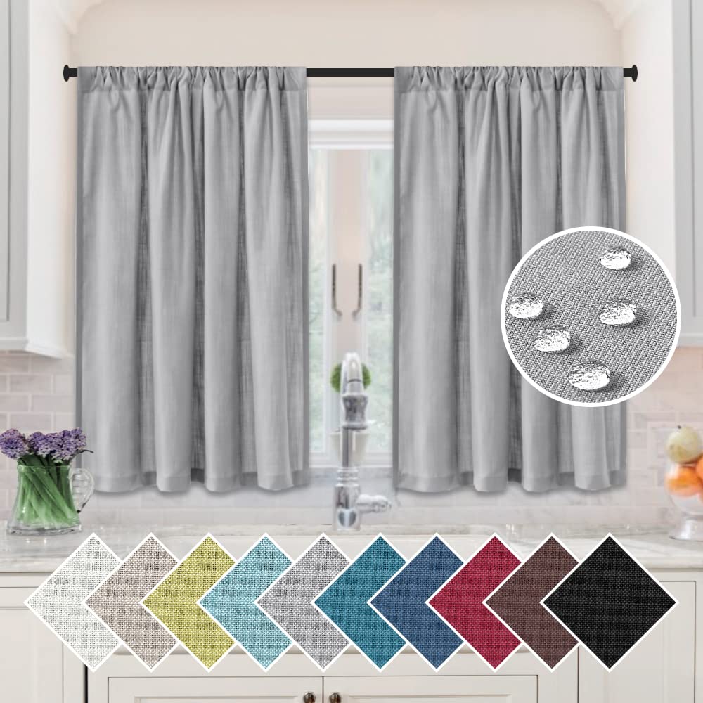 H.VERSAILTEX 45 Inch Linen Kitchen Curtains Set of 2 Panels - Waterproof Bathroom Window Curtains, Energy Saving Privacy Shades for Bedroom & Living Room, Grey - Perfect for Home Decor, Sun Protection and Room Darkening