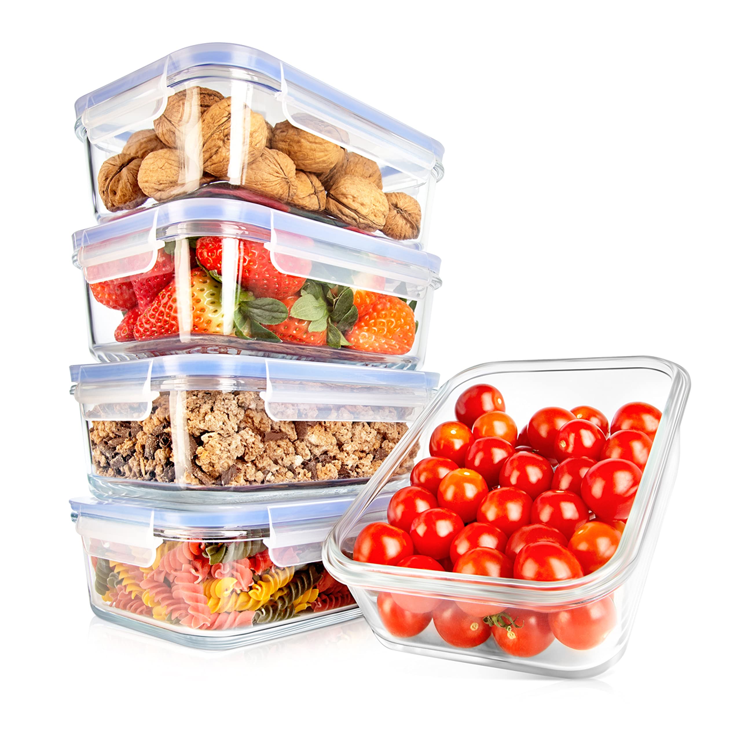 NutriChef 10-Piece Glass Food Storage Containers Set - Airtight Leakproof Meal Prep Containers with Locking Lids & Ventilation Hole, Oven, Freezer & Microwave Safe - Perfect for Meal Prep, Leftovers & Food Storage Organization