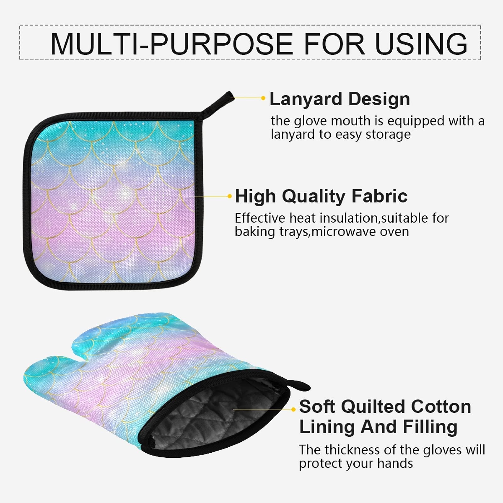 QUGRL Glitter Mermaid Scales Oven Mitts & Pot Holders Set - Heat Resistant Kitchen Gloves for Baking, Cooking & BBQ - Blue, Pink, Purple Hot Pads for Safe Handling of Cookware & Bakeware - Perfect for Holiday Gifts & Home Decor