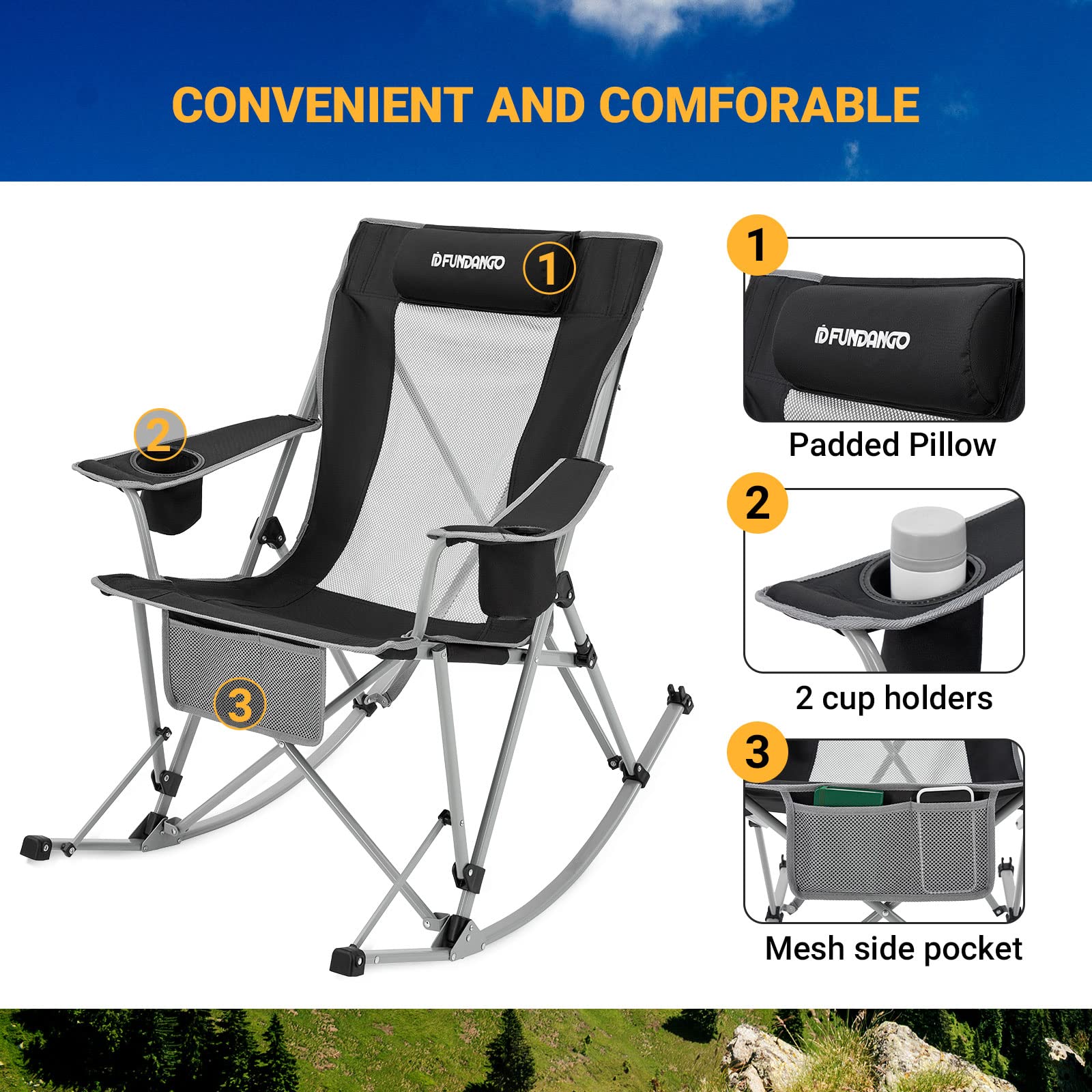 Portable Folding Rocking Chair for Adults - Lightweight Camping Chair for Outdoor, Beach, Travel, Picnic & Patio - Comfortable Foldable Rocker for Relaxing in Backyard, Garden or Lakeside (BlackGrey)