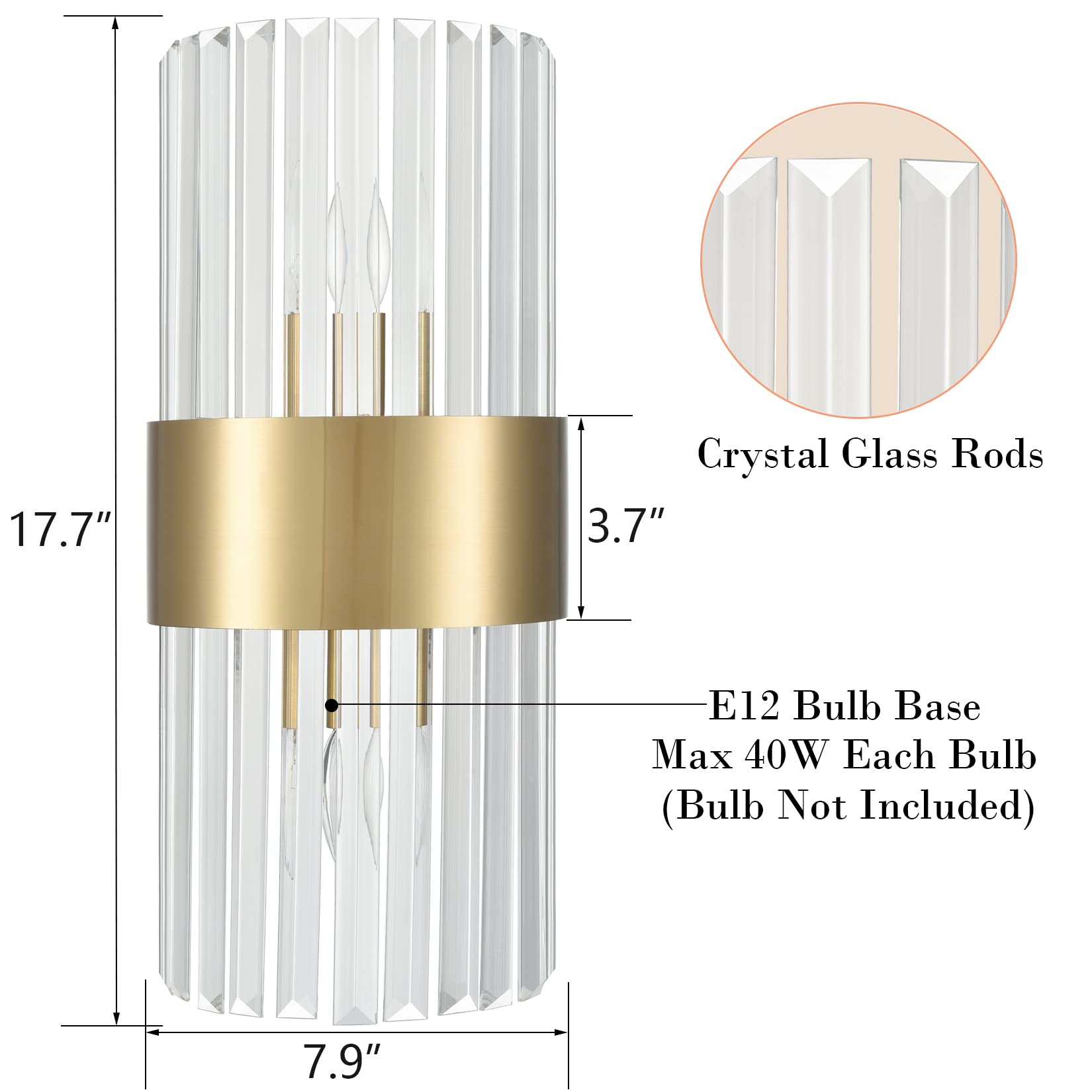 Gold Crystal Wall Sconces Set of 2 - Modern 2-Light Brass & Glass Wall Lights for Bathroom, Hallway, Bedroom - Elegant Lighting Fixture for Home Decor, Living Room, Dining Room