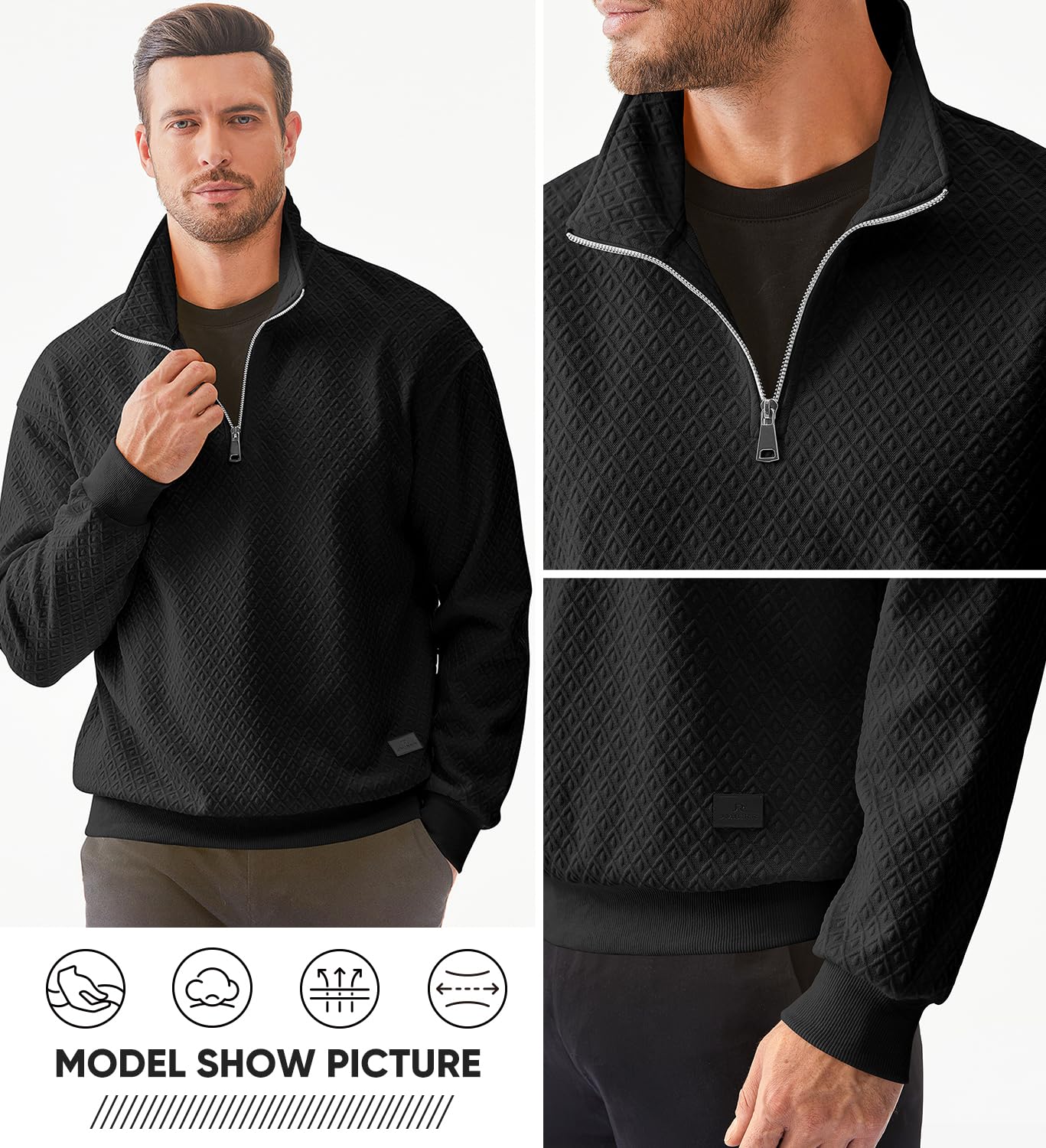 JMIERR Men's Quarter Zip Waffle Sweatshirt - Casual Long Sleeve Pullover with Geometric Texture | Solid Color Knit Polo Top for Work, Travel & Outdoor Activities
