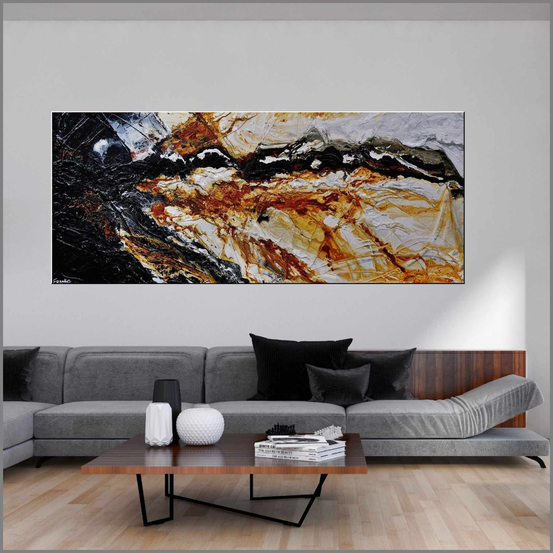 240cm x 100cm Black Sienna Textured Abstract Canvas Art - Modern Handmade Painting for Living Room, Bedroom & Office Wall Decor