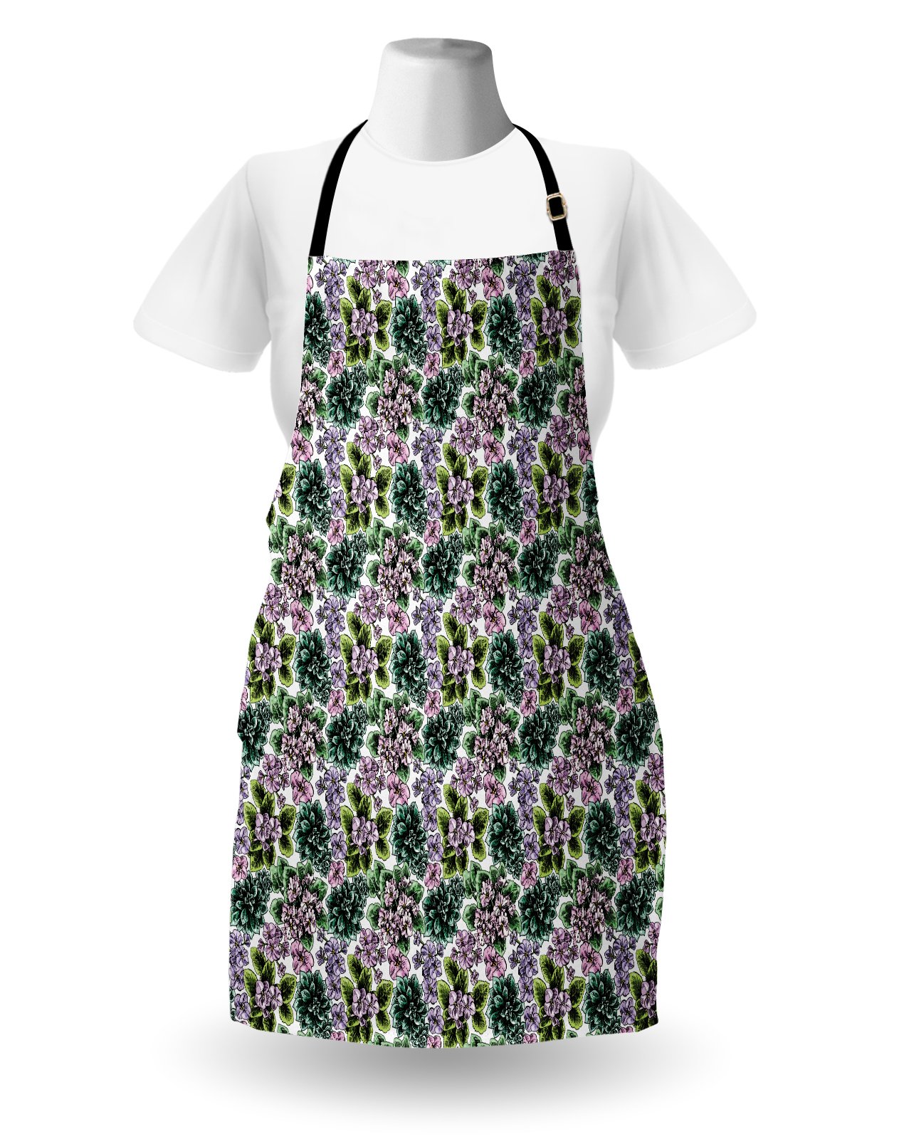 Ambesonne Floral Apron - Unisex Adjustable Kitchen Bib Apron with Violet Peonies & Hydrangea Design for Cooking, Baking, Gardening | Perfect for Home Chefs, BBQ Parties & Outdoor Activities