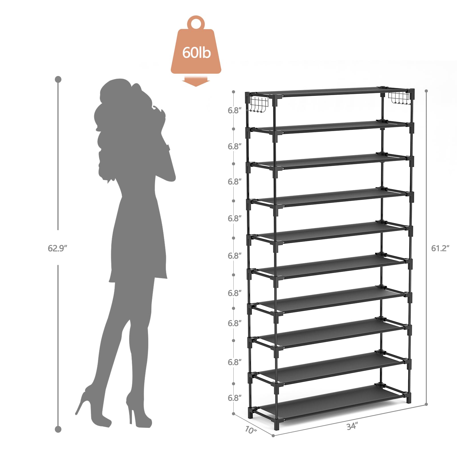 10-Tier Metal Shoe Rack Organizer - Holds 50 Pairs, Space-Saving Sturdy Shoe Storage with Hooks for Closet, Entryway & Bedroom - Perfect for Organizing Sneakers, Boots & Heels (Black)