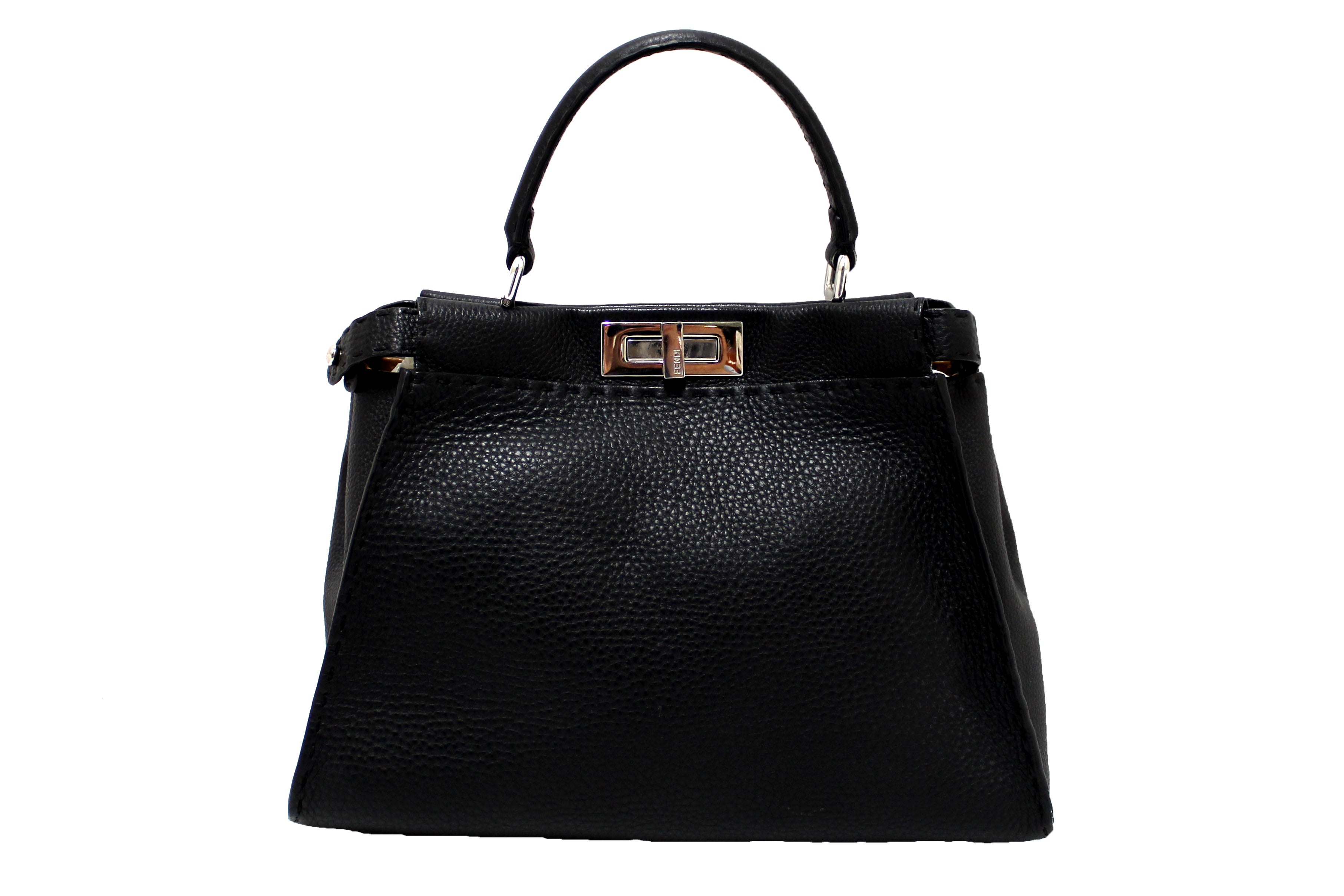 Authentic Fendi Black Cuoio Romano Leather Selleria Medium Peekaboo Iconic Satchel Bag - Luxury Designer Handbag for Women, Perfect for Work, Evening Events & Fashion Accessories