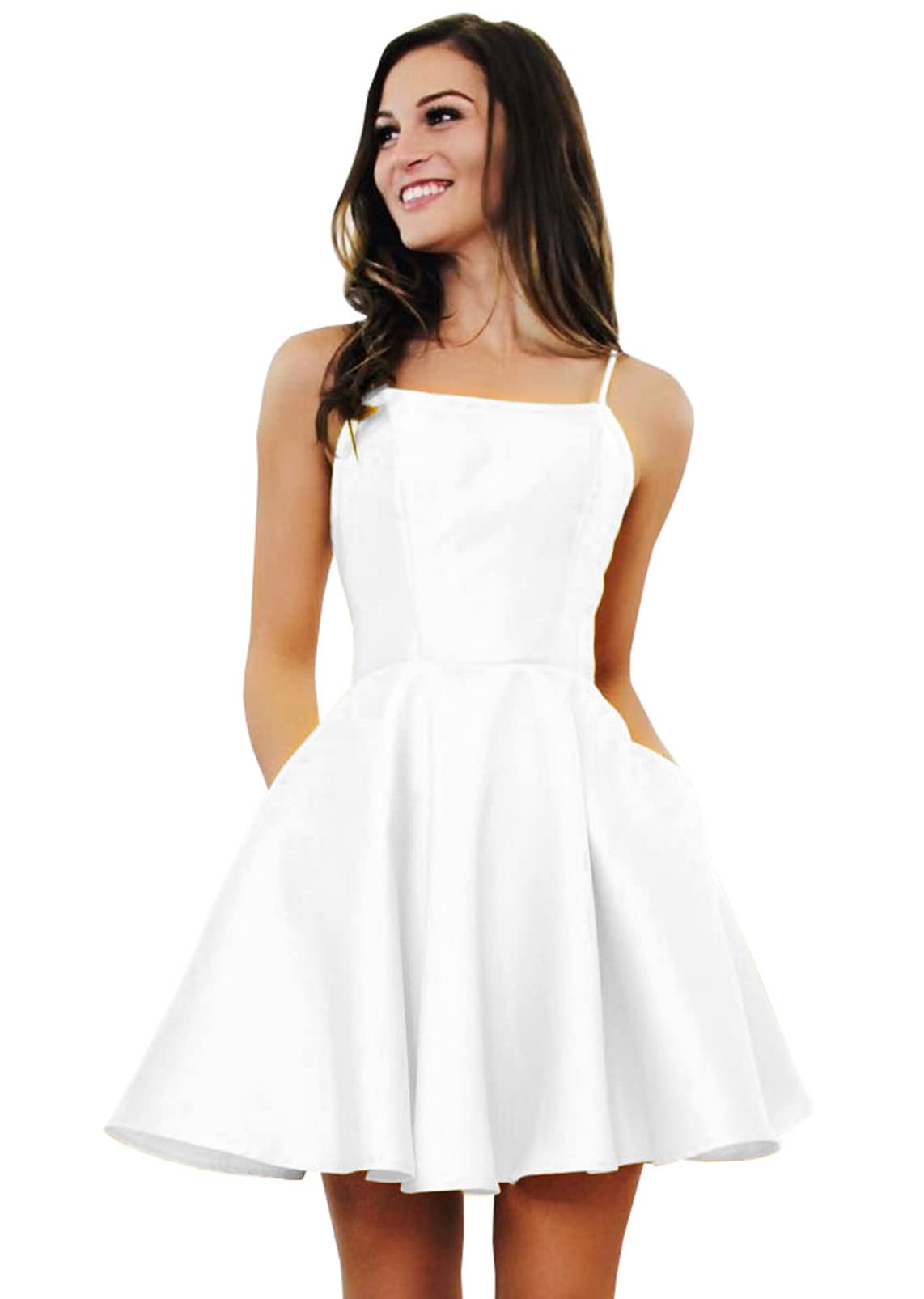 Elegant White Satin Homecoming Dress for Teens - Knee-Length Prom Dress with Pockets | Size 0 | Perfect for School Dances, Cocktail Parties & Special Occasions