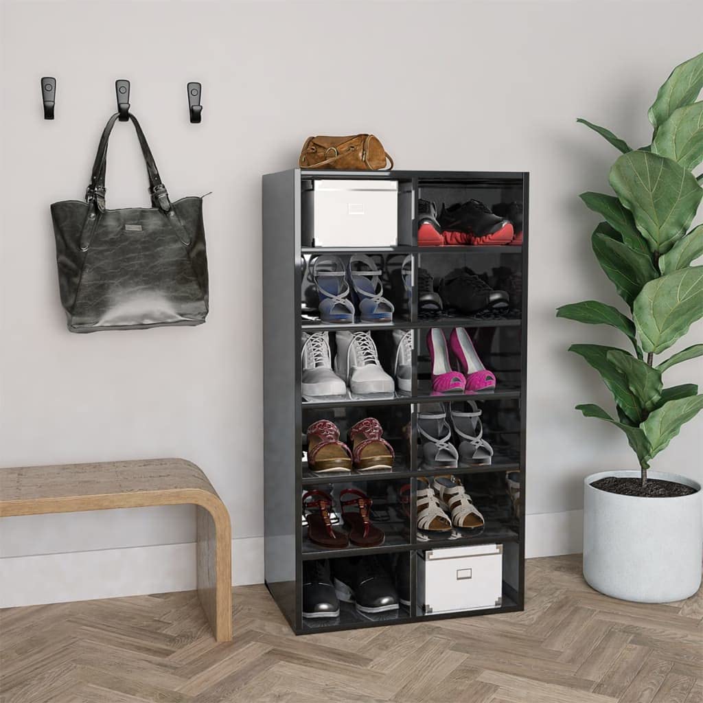 6-Tier Shoe Rack Organizer - Holds 12 Pairs, Space-Saving Double Row Shoe Storage for Closet, Bedroom, Hallway & Entryway - Free Standing Tall Shoe Tower in High Gloss Black (21.3