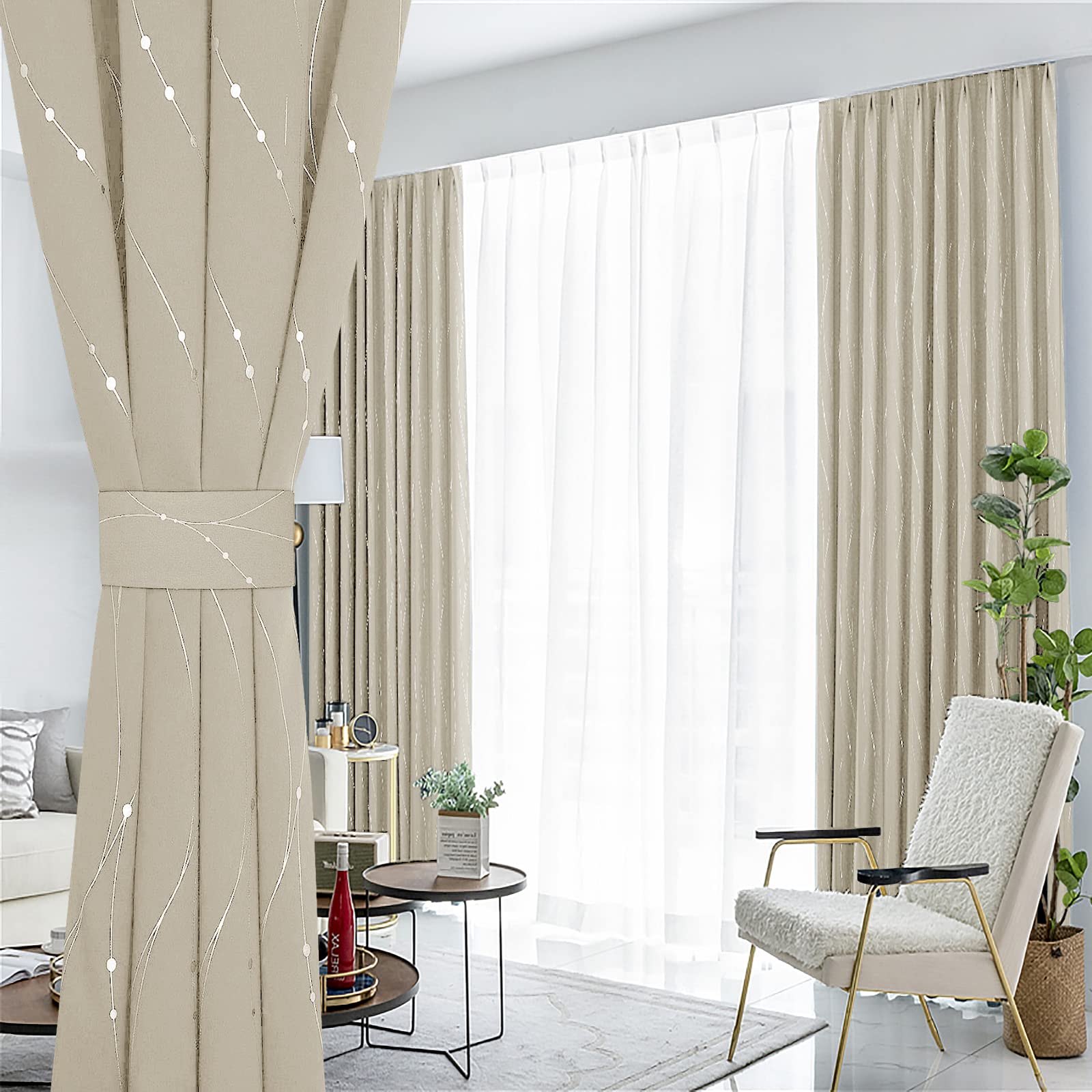BUHUA Beige Blackout Curtains 84 Inch Length - Thermal Insulated Drapes with Silver Foil Print for Bedroom, 38 x 84 Inches, Set of 2 Panels - Perfect for Light Blocking, Privacy & Energy Efficiency in Living Room or Nursery