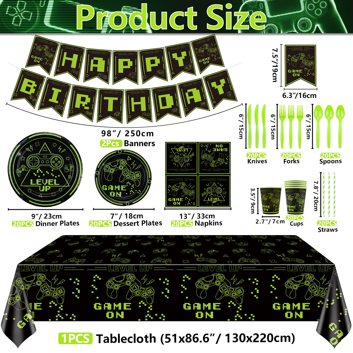 162Pcs Green Video Game Party Decorations Set - Includes Game On Plates, Napkins, Cups & Birthday Banner - Perfect for Boys Gaming Birthday Party & Level Up Theme - Serves 20 Guests - Ideal for Gaming Themed Birthday Parties, Game Night Decorations & Esports Events