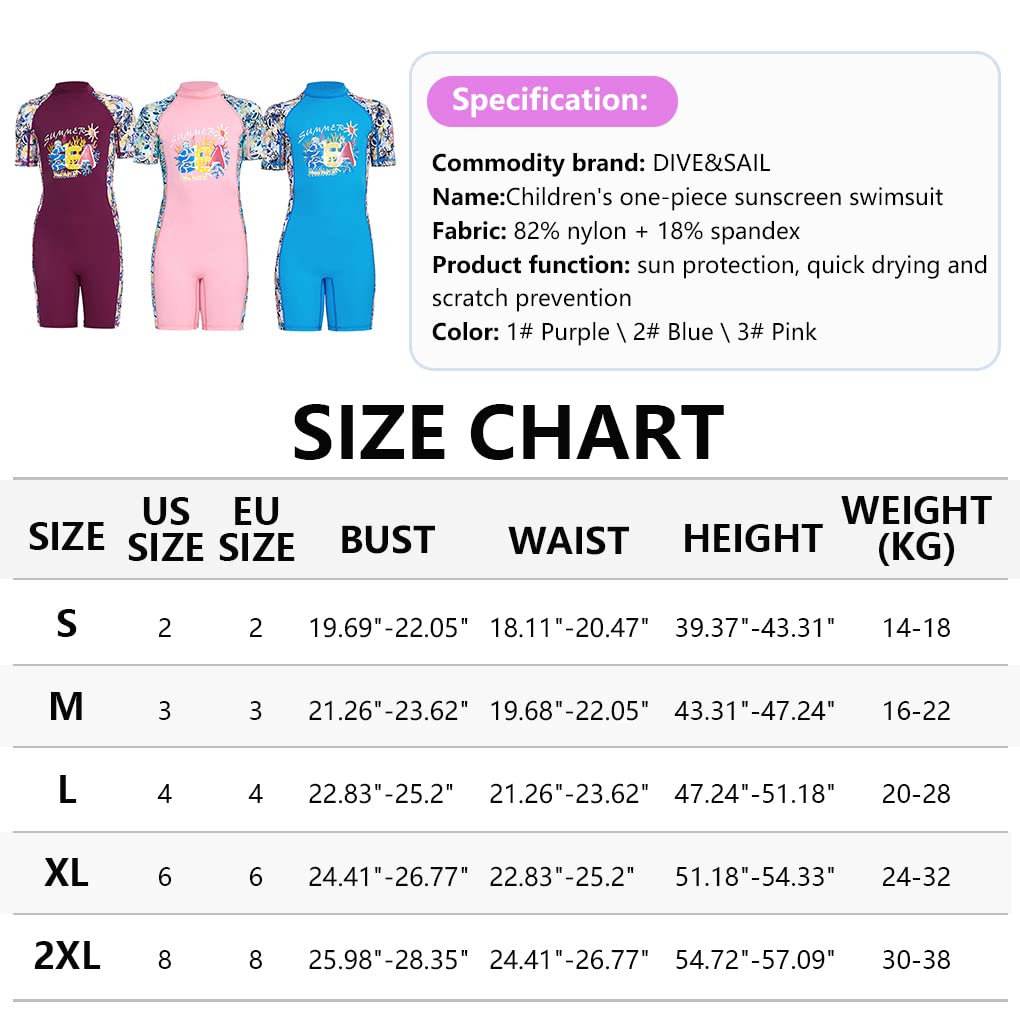 UV Protection Kids Short Sleeve Wetsuit for Girls - Blue Round Neck Diving Swimsuit, Size M - Perfect for Swimming, Snorkeling & Beach Activities