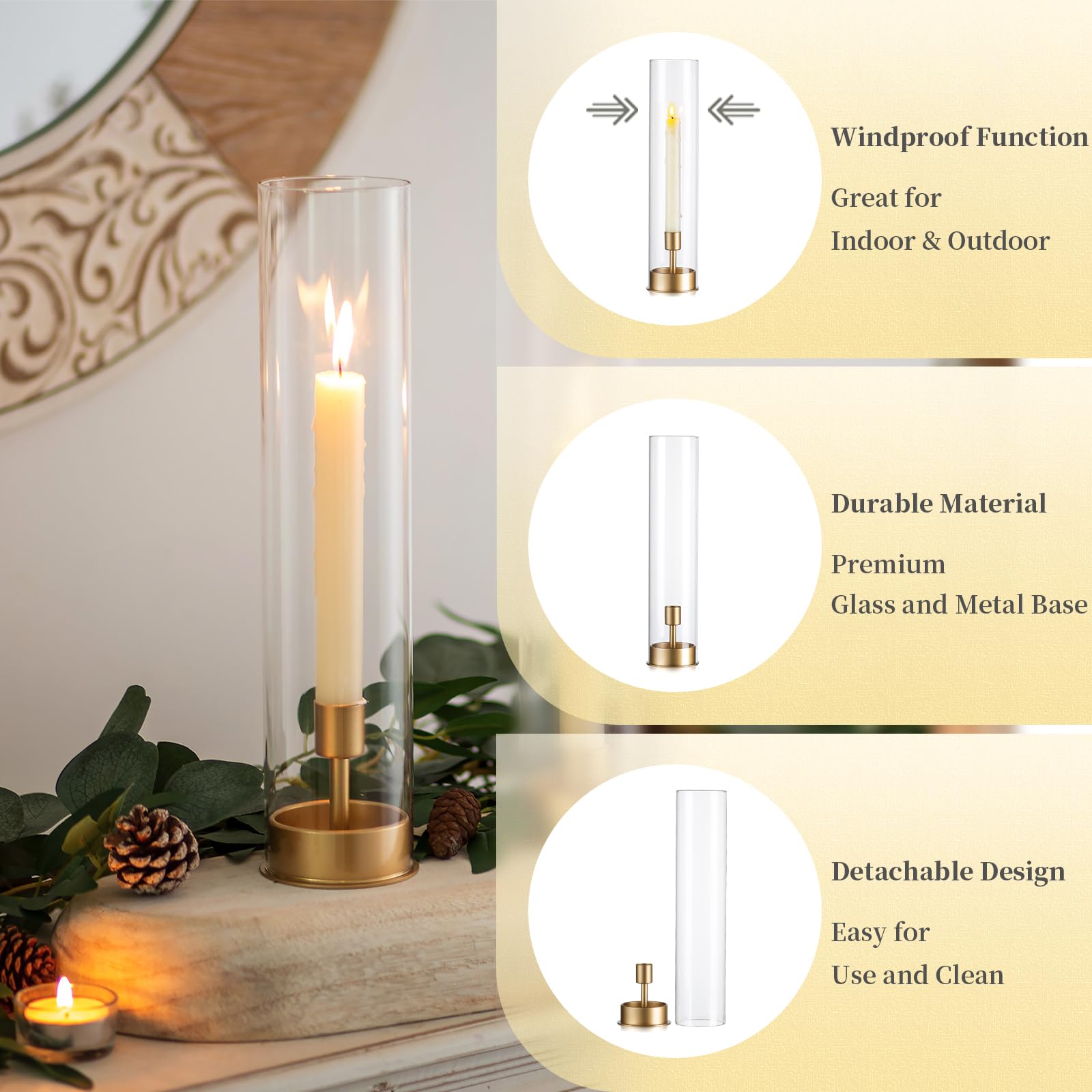 Hewory 2-Pack Gold Hurricane Taper Candle Holders - Elegant Glass Candlesticks for Wedding Centerpieces, Party Decor, Christmas Home Decor | Perfect for Dining Table, Mantel, and Event Decorations