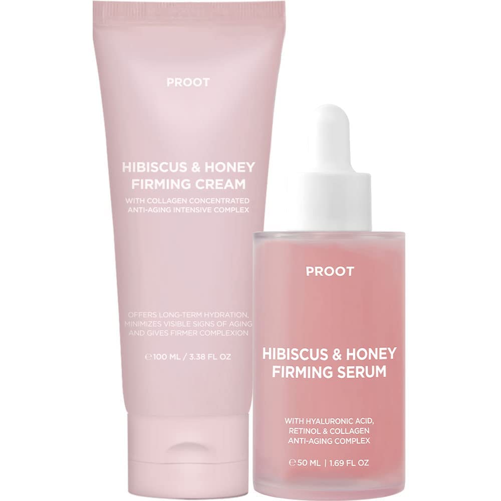 PROOT Hibiscus & Honey Firming Cream + Serum Set | Collagen Complex for Anti-Aging & Skin Tightening | Hydrating Day & Night Skincare Routine for Mature Skin