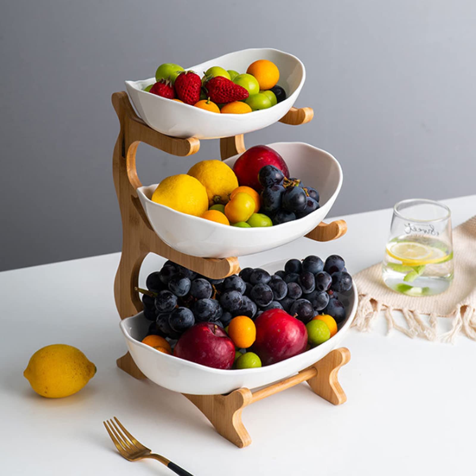 3-Tier Ceramic Fruit Bowl with Bamboo Stand - Large Capacity Serving Tray for Fruits, Vegetables, Snacks & Candy - Elegant Party Wedding Decor (White) | Perfect for Dining Table Centerpiece, Buffet Display & Kitchen Storage