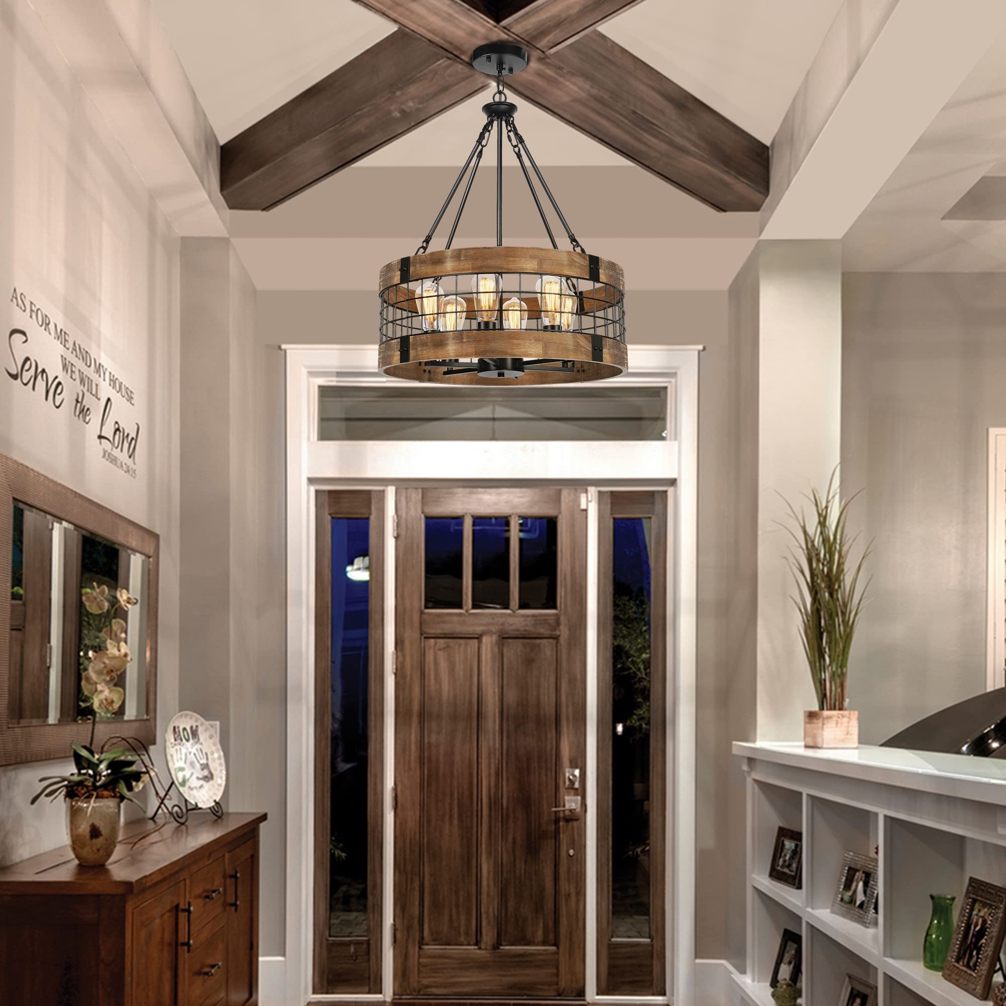 6-Light Farmhouse Wood Chandelier - Rustic Dining Room Pendant Light with Industrial Black Metal Finish | Perfect for Kitchen Island, Entryway, Foyer & Living Room Lighting Decor