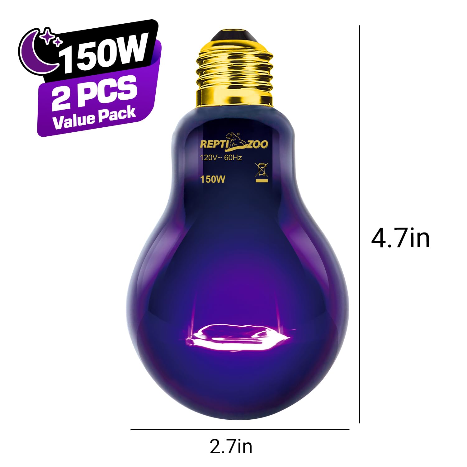 REPTIZOO 2-Pack 150W Reptile Heat Lamp - Infrared Night Heating Bulb, Purple Moonlight Bulb for Reptiles & Amphibians - Simulates Natural Moonlight for Nocturnal Pets - Ideal for Terrariums, Vivariums & Nighttime Habitat Heating