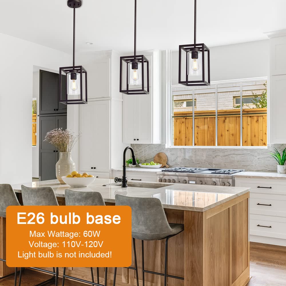 VINLUZ Modern 1-Light Cage Kitchen Island Pendant Light with Glass Shade, Oil Rubbed Bronze Chandelier for Dining Room, Bedroom, Hallway - Semi Flush Mount Ceiling Lighting Fixture for Kitchen, Living Room & Entryway