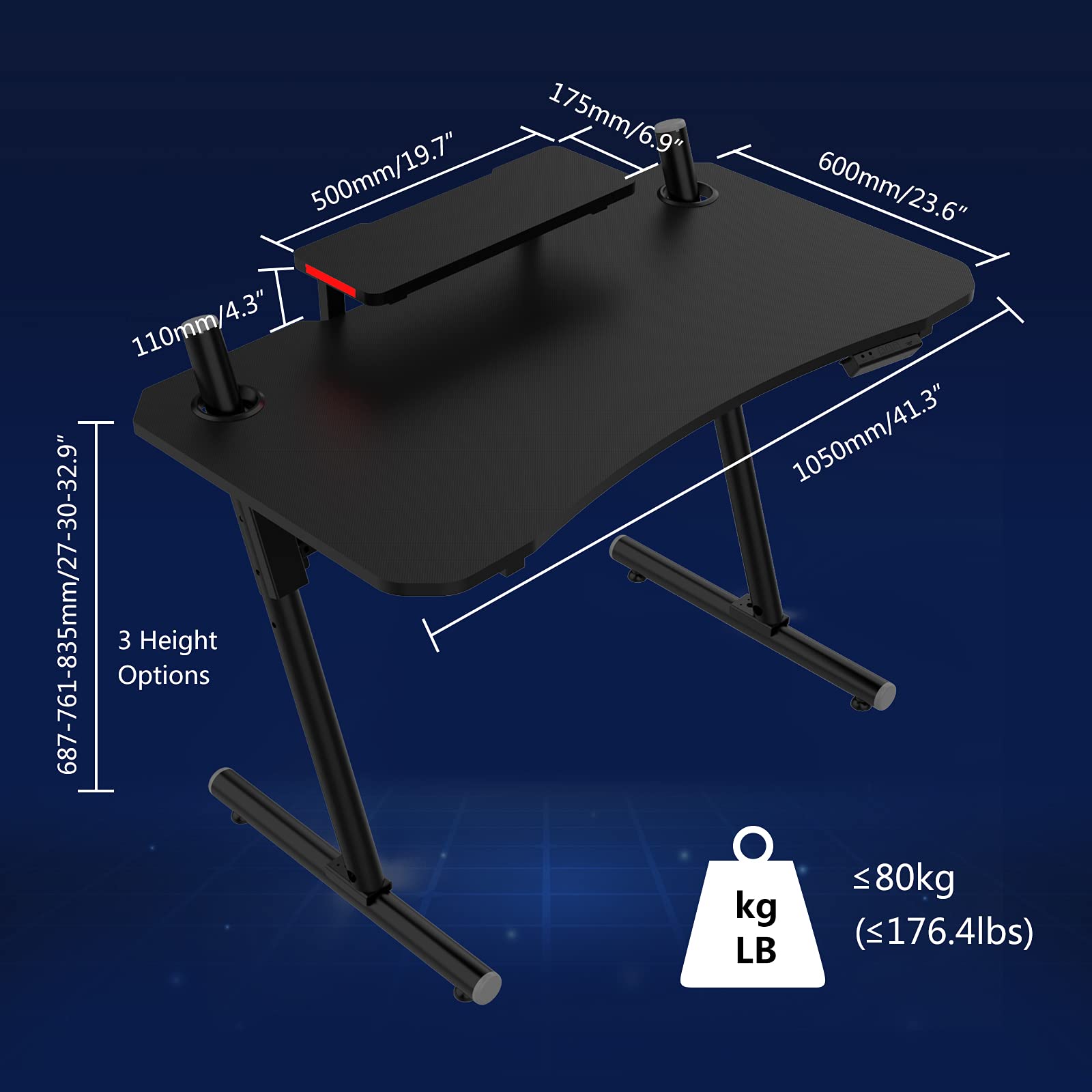 41 Inch Black Computer Gaming Desk with LED Lights & Monitor Stand - Adjustable PC Workstation for Home Office & Gaming Setup