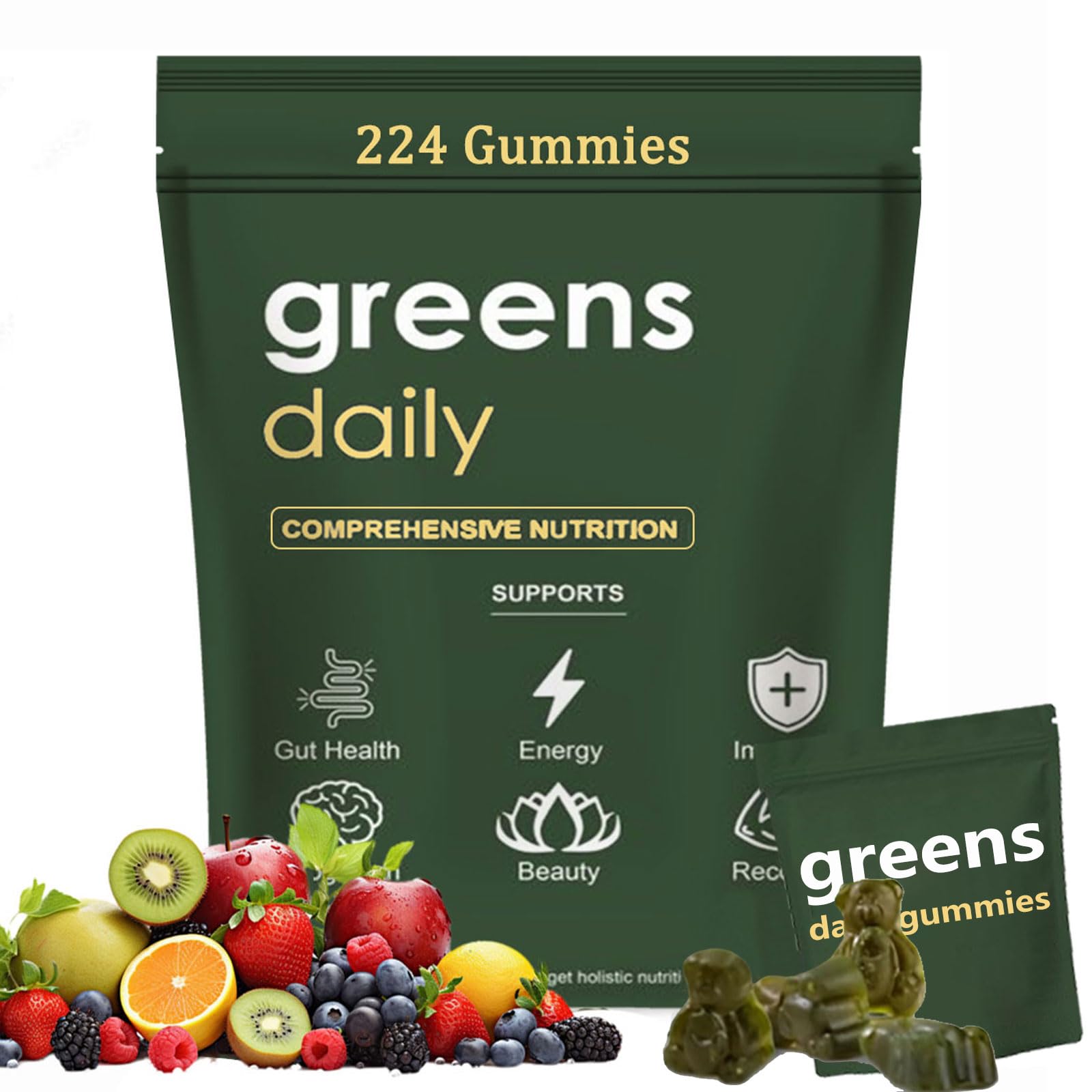 Organic Greens Gummies with Chlorella & Spirulina - 224 Count Multivitamin for Digestive & Gut Health - 60+ Superfood Ingredients - Daily Immune Support Gummy Bears - Perfect for Busy Lifestyles & On-the-Go Nutrition