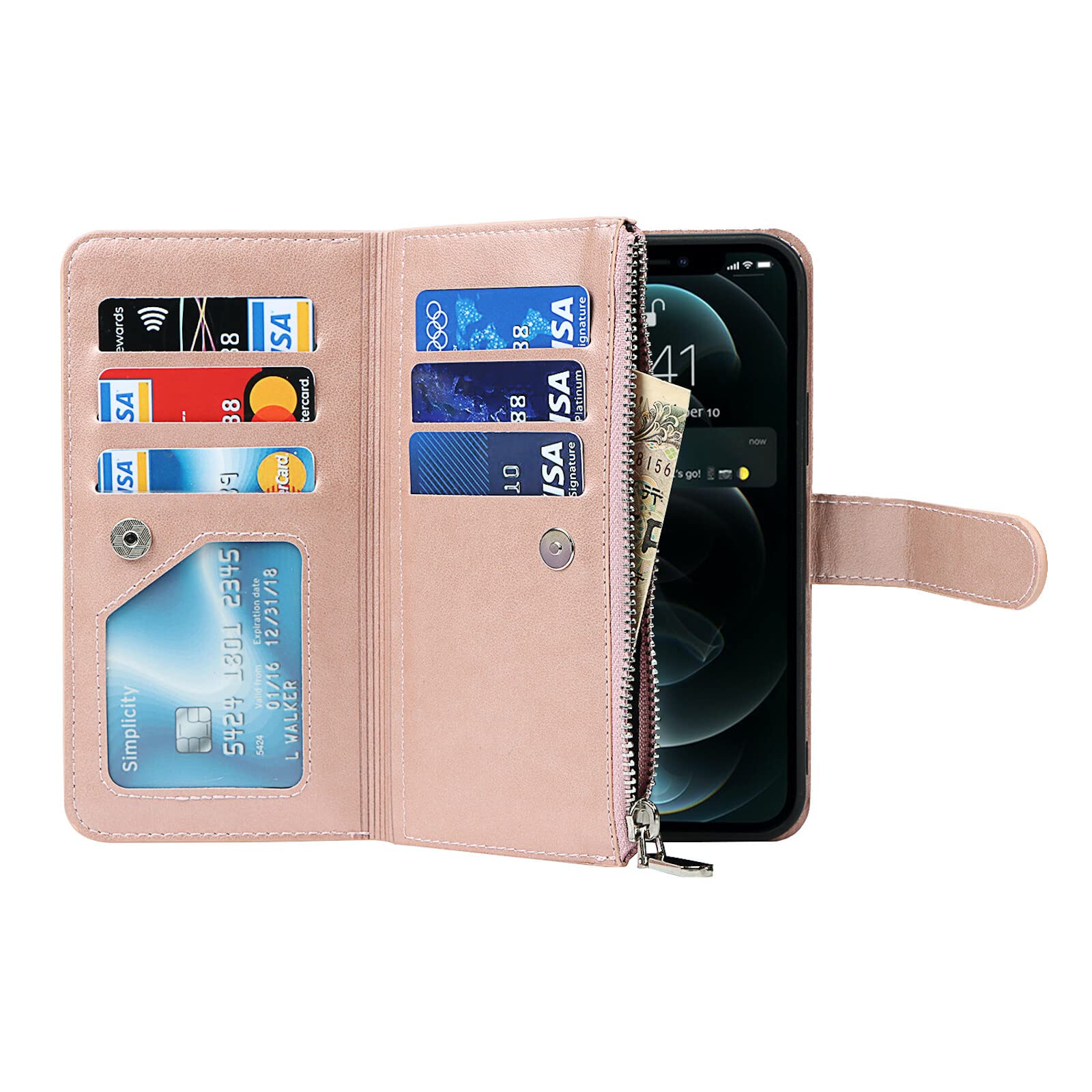 ELTEKER Premium Leather 2-in-1 Detachable Wallet Case for iPhone 12 Pro Max - Zipper Flip Cover with 6 Card Slots, Cash Pocket & Kickstand (Rose Gold) | Perfect for Travel, Business & Everyday Use