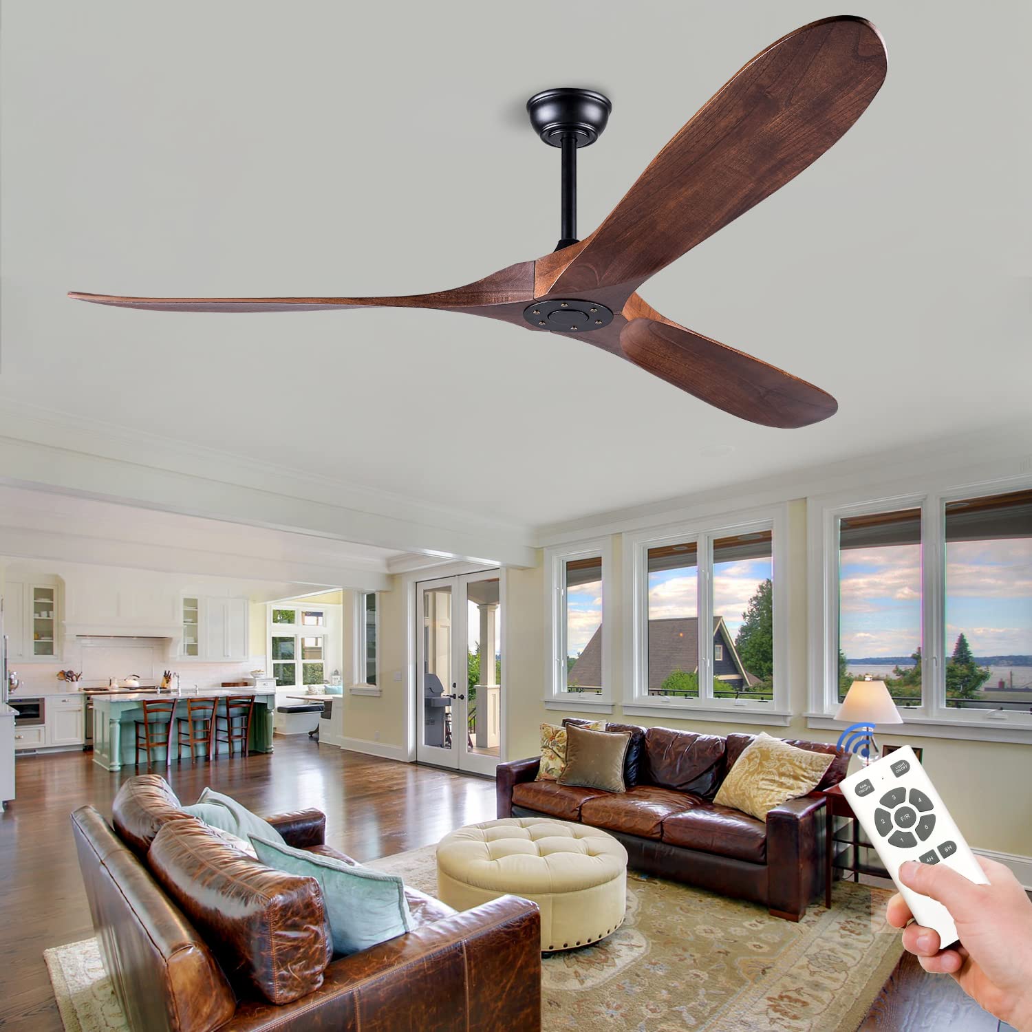 BOJUE 60 Inch Low Profile Ceiling Fan Without Light - Remote Control Wood Blades Fan for Indoor & Outdoor Use - Perfect for Patio, Living Room, Bedroom, Office, and Summer House (Deep Walnut, 3 Blades) - Stay Cool in Hot Weather with Quiet, Energy Efficient Airflow