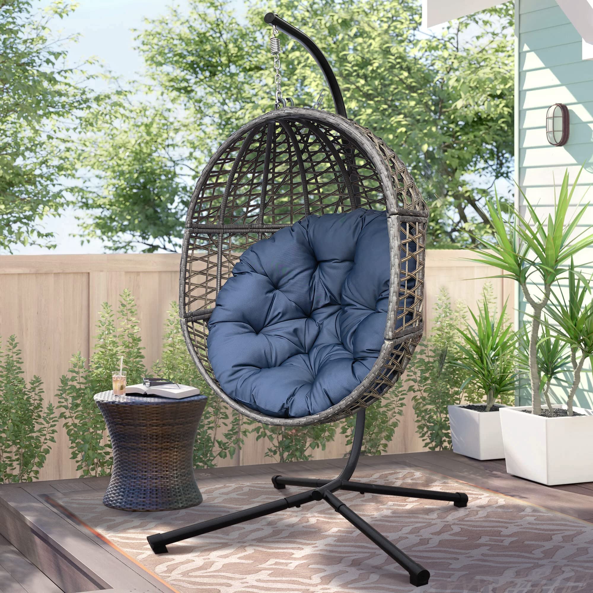 All-Weather Wicker Rattan Egg Hanging Chair with Stand - Indoor/Outdoor Hammock Swing Chair with Navy Blue Cushion for Patio, Balcony, Bedroom - Perfect for Relaxing, Reading & Lounging in Your Backyard or Living Space