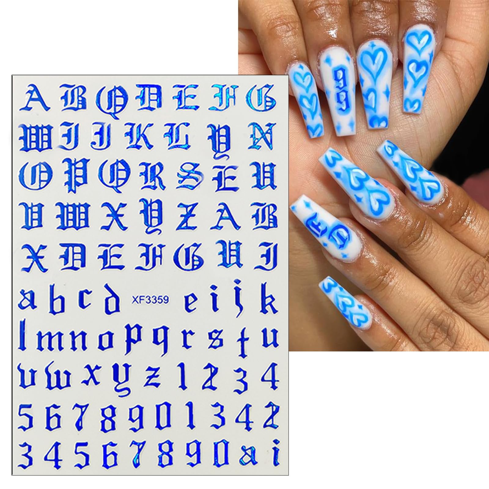 Holographic 3D Self-Adhesive Old English Alphabet Nail Art Decals - 8 Sheets with 8 Colors for Women & Girls DIY Manicure | Perfect for Parties, Weddings, and Special Occasions