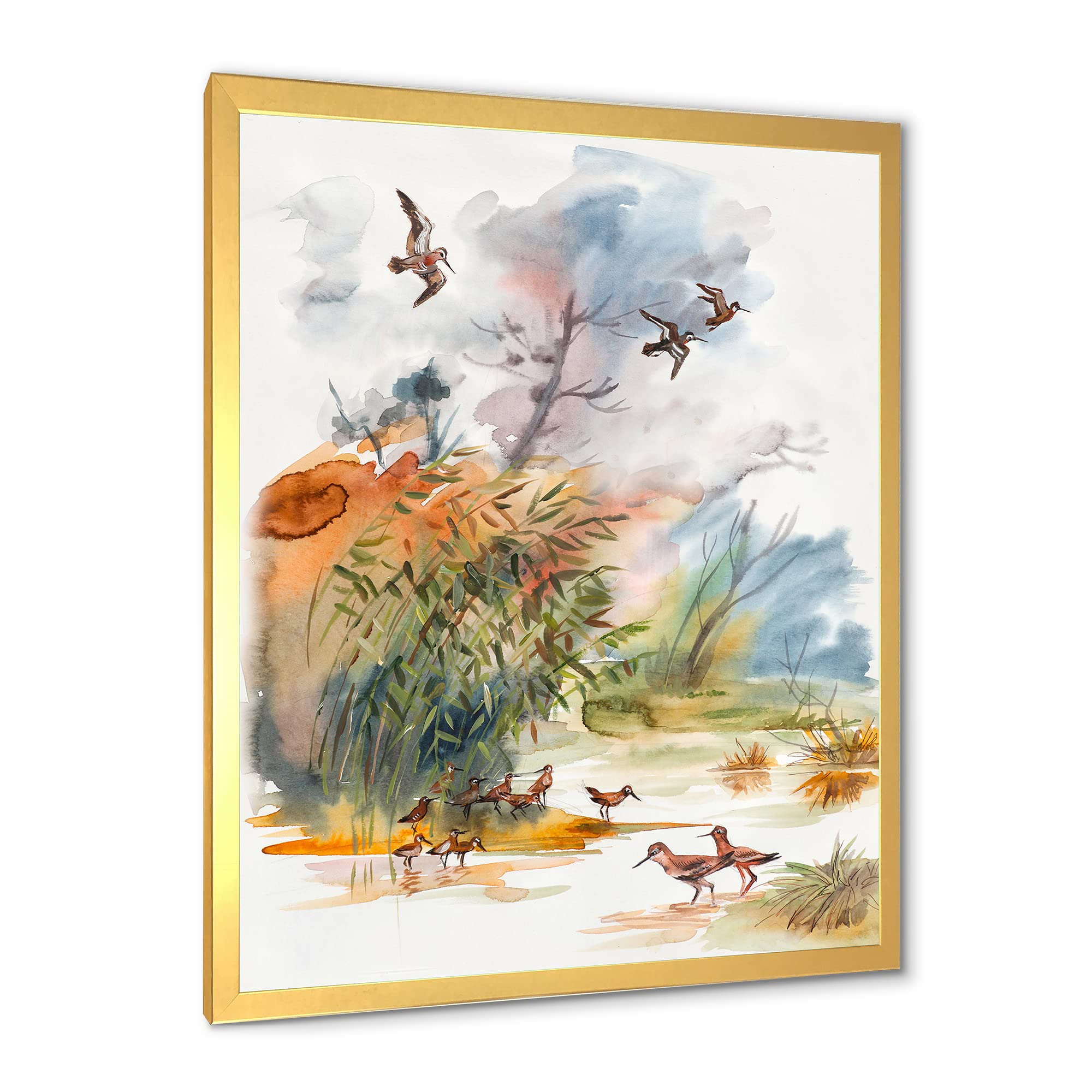 Autumn Landscape Flying Over Water - Traditional Framed Wall Art for Living Room, Bedroom & Office Decor