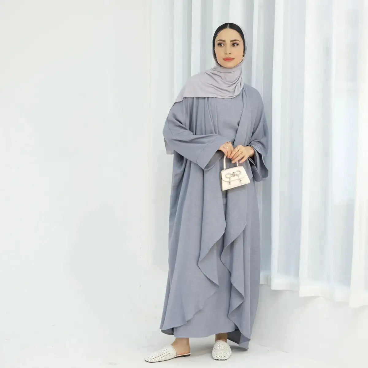 2-Piece Wrinkle-Free Open Abaya Dress Set with Inner Sleeveless Dress - Modest Muslim Fashion for Prayer, Eid, and Special Occasions