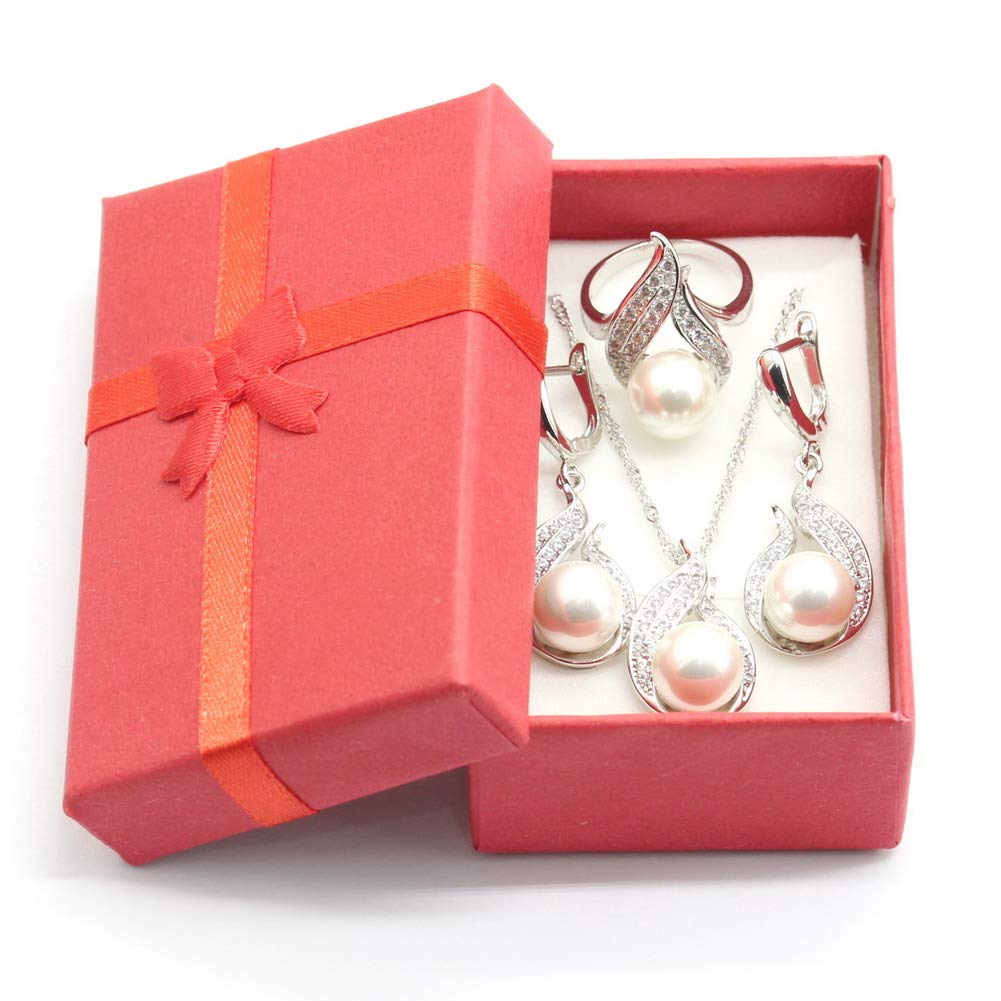 Elegant White Freshwater Pearl Jewelry Set for Women - Sterling Silver & White Gold Plated Necklace, Drop Earrings & Rings - Perfect for Weddings, Bridal Parties & Special Occasions