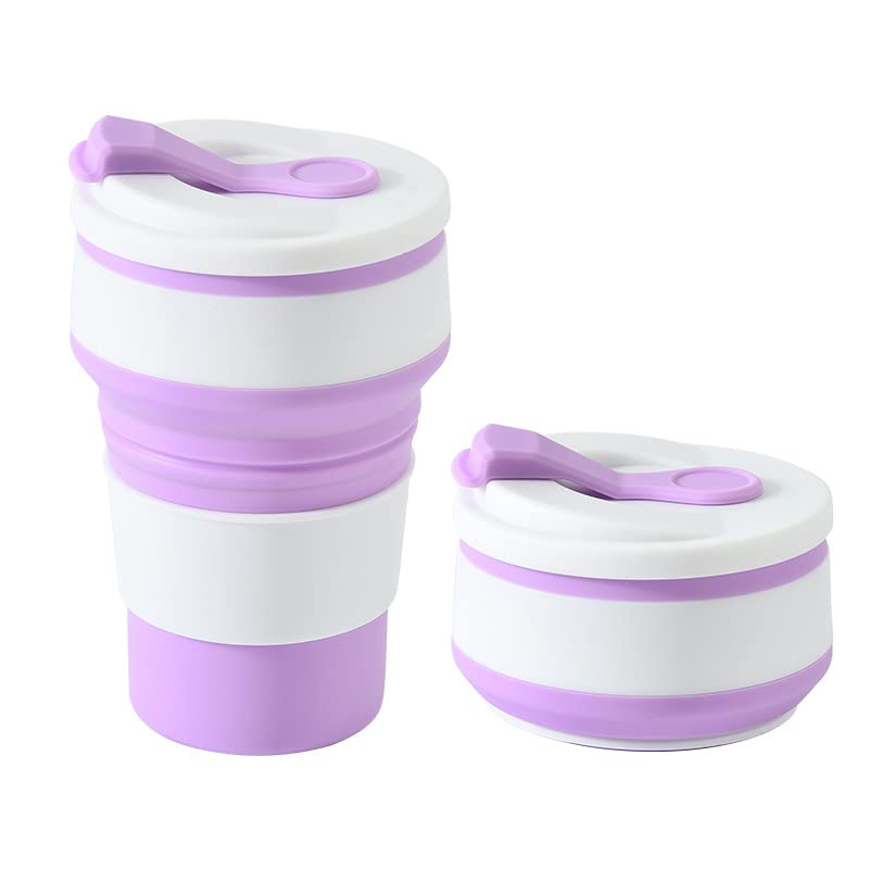 Collapsible Travel Coffee Mug - 350ml Portable Silicone Foldable Cup with Lid, Reusable Collapsible Coffee Cup for Camping, Hiking, Office & Travel - Purple (BPA Free, Leak Proof) - Perfect for Outdoor Adventures & Daily Commute