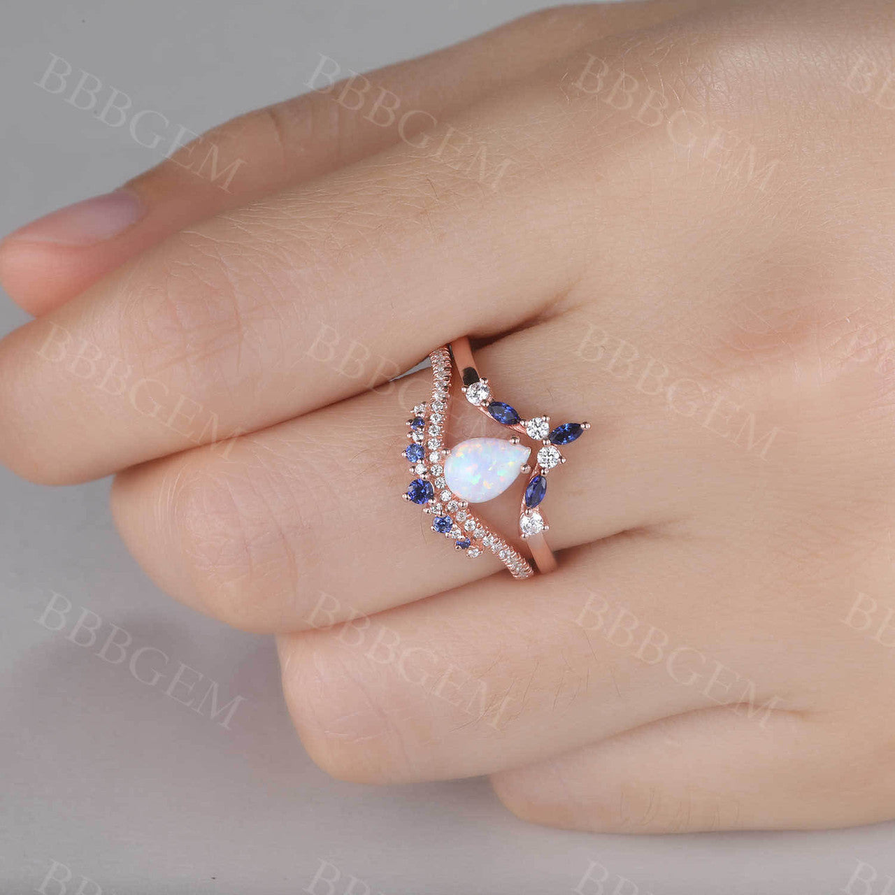 Pear Shaped Opal Engagement Ring with Diamond Accents & Blue Sapphire Wedding Band - Stackable Bridal Set for Proposal, Anniversary & Special Occasions
