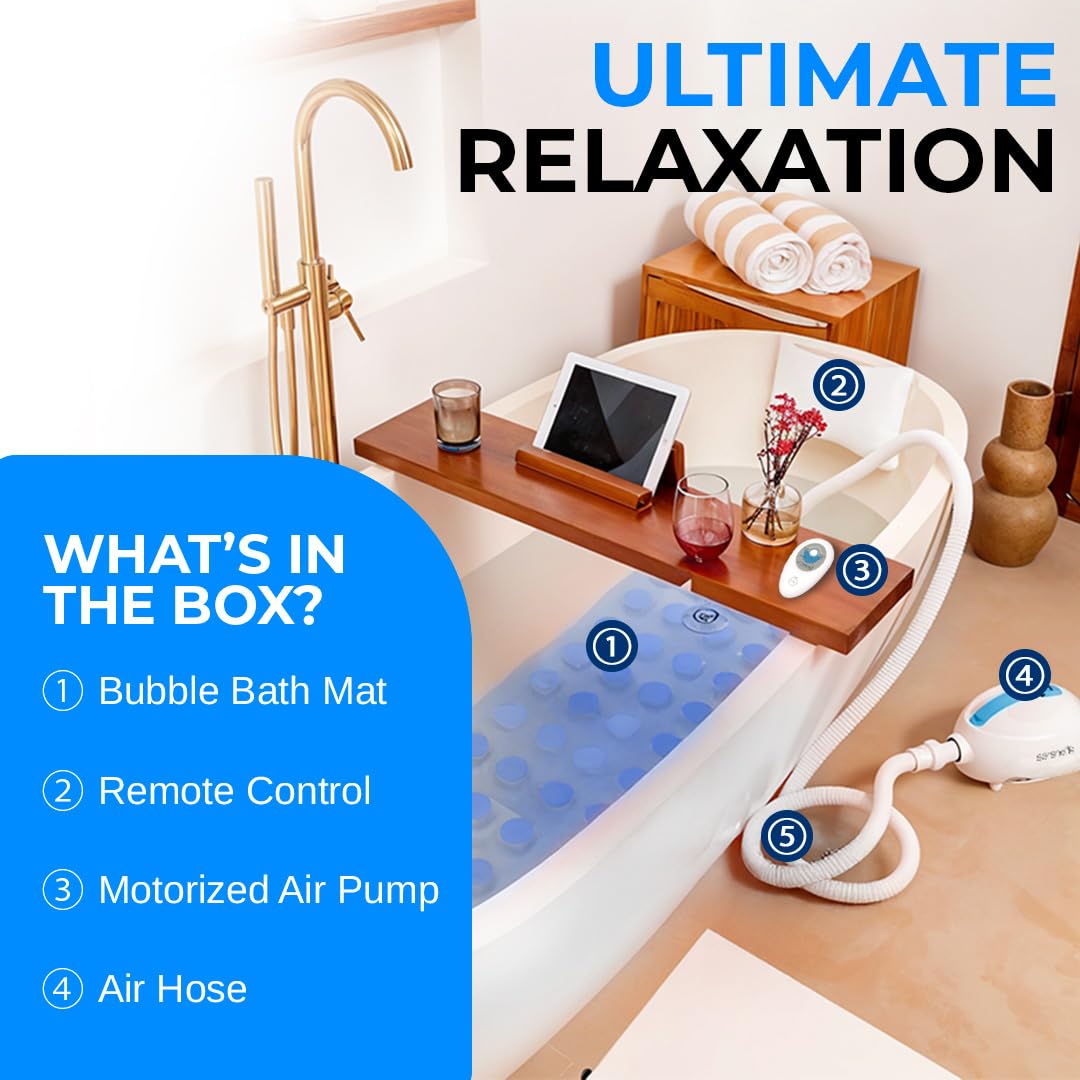 SereneLife Bubble Bath Mat with Remote Control - Non-Slip, Waterproof Bathtub Mat with Adjustable Bubbles & Cushioned Design - 8.2’ Air Hose & 47” x 14.2” Mold-Resistant Full Body Spa Massager - Perfect for Relaxing Baths, Hydrotherapy & Home Spa Experience