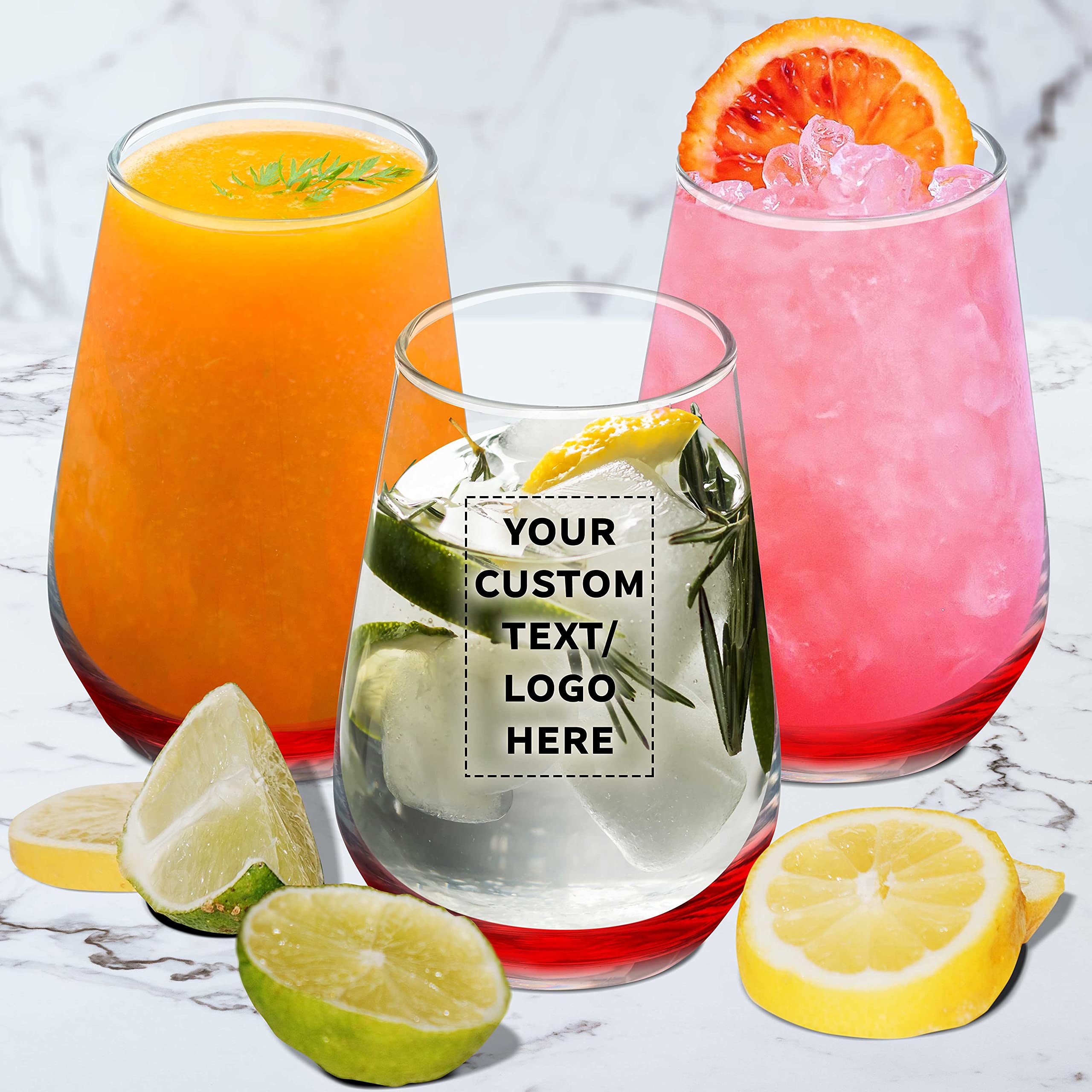 50 Pack Stemless Wine Glasses Set - 16oz Clear Orb-Like Silica Cups with Thick Base - Personalized Text/Logo Engraving - Perfect for Weddings, Parties & Corporate Events