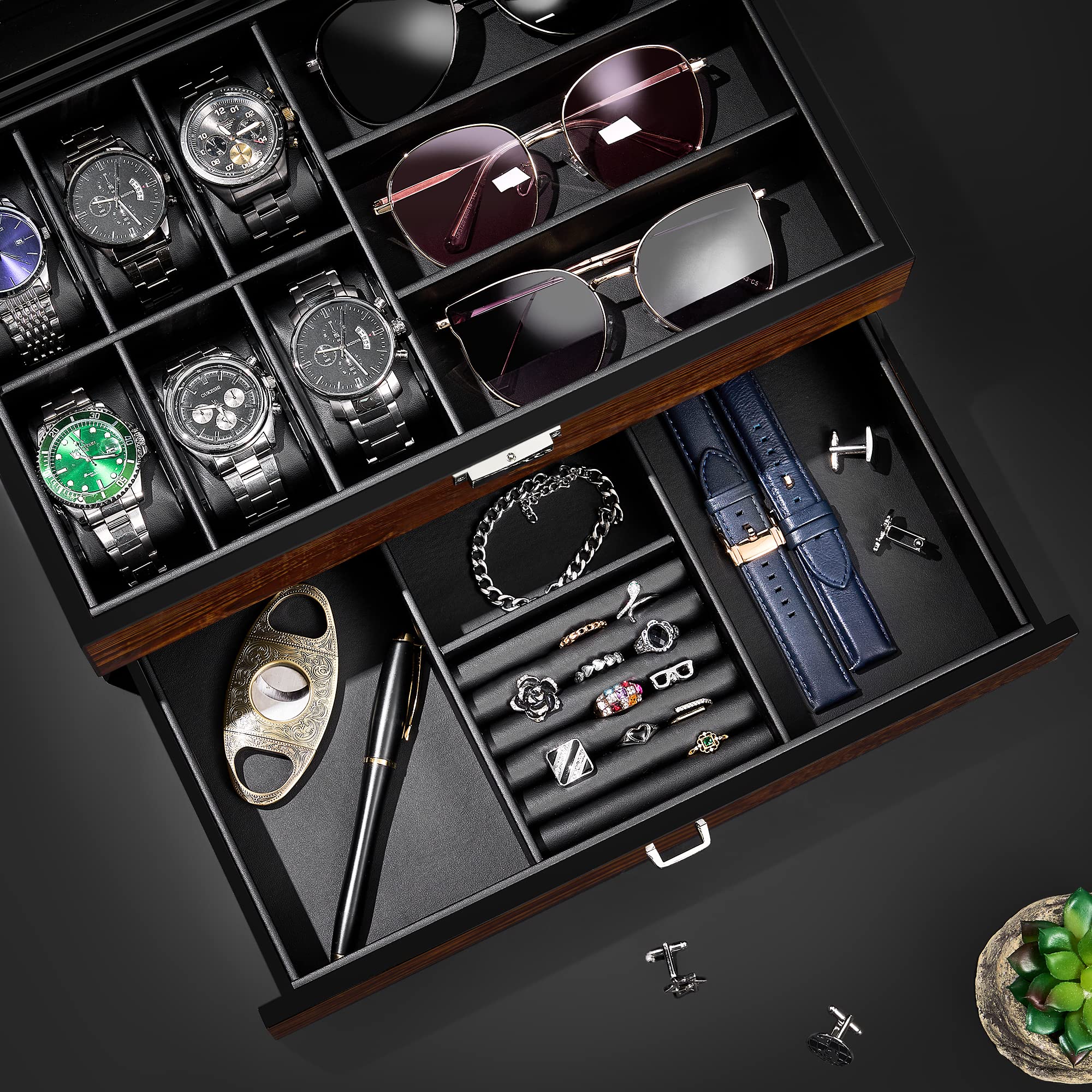 BEWISHOME Wooden Watch Box with Valet Drawer - Luxury Men's Jewelry Organizer & Sunglasses Storage Case - Large Glass Top Display, Smooth Faux Leather Interior, Brown SSH32Y - Perfect for Watch Collections, Gift Giving & Travel Accessories Organization