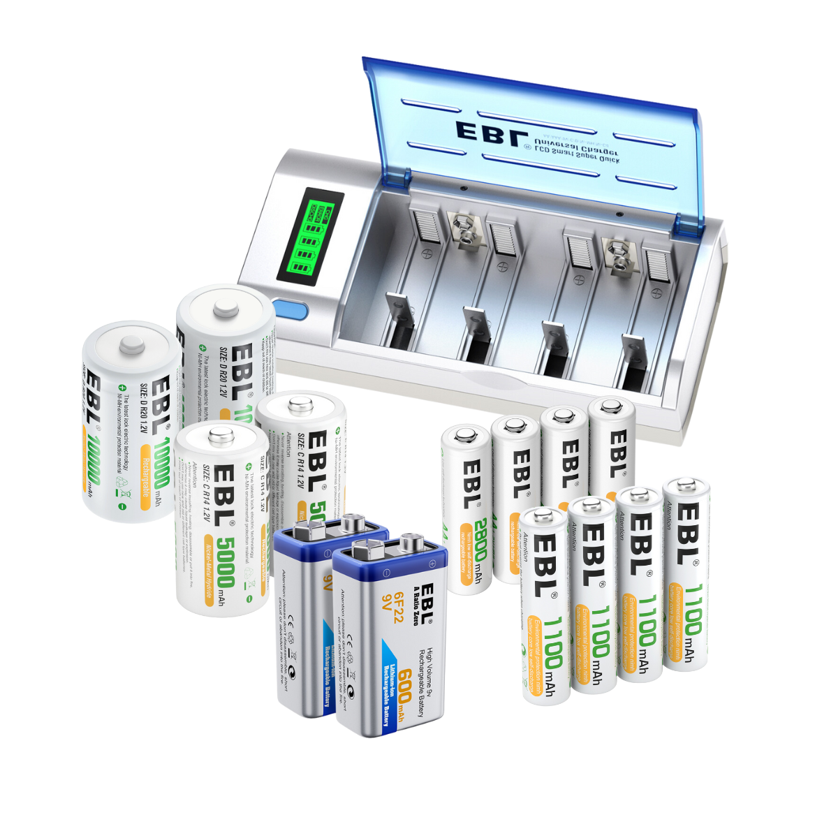 EBL 906 Smart Battery Charger with 8 Rechargeable AA AAA C D 9V Batteries Kit - Fast Charging for Home, Office, Toys, Cameras & Electronics