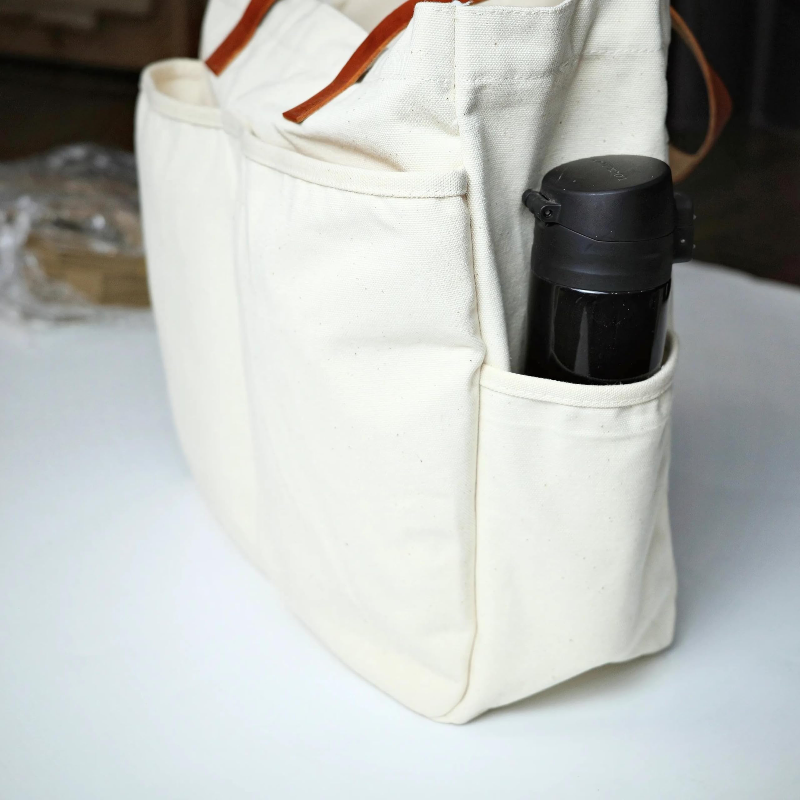 Women's Canvas Tote Bag with Zipper & Leather Strap - Laptop Tote for Work, Travel & Gym