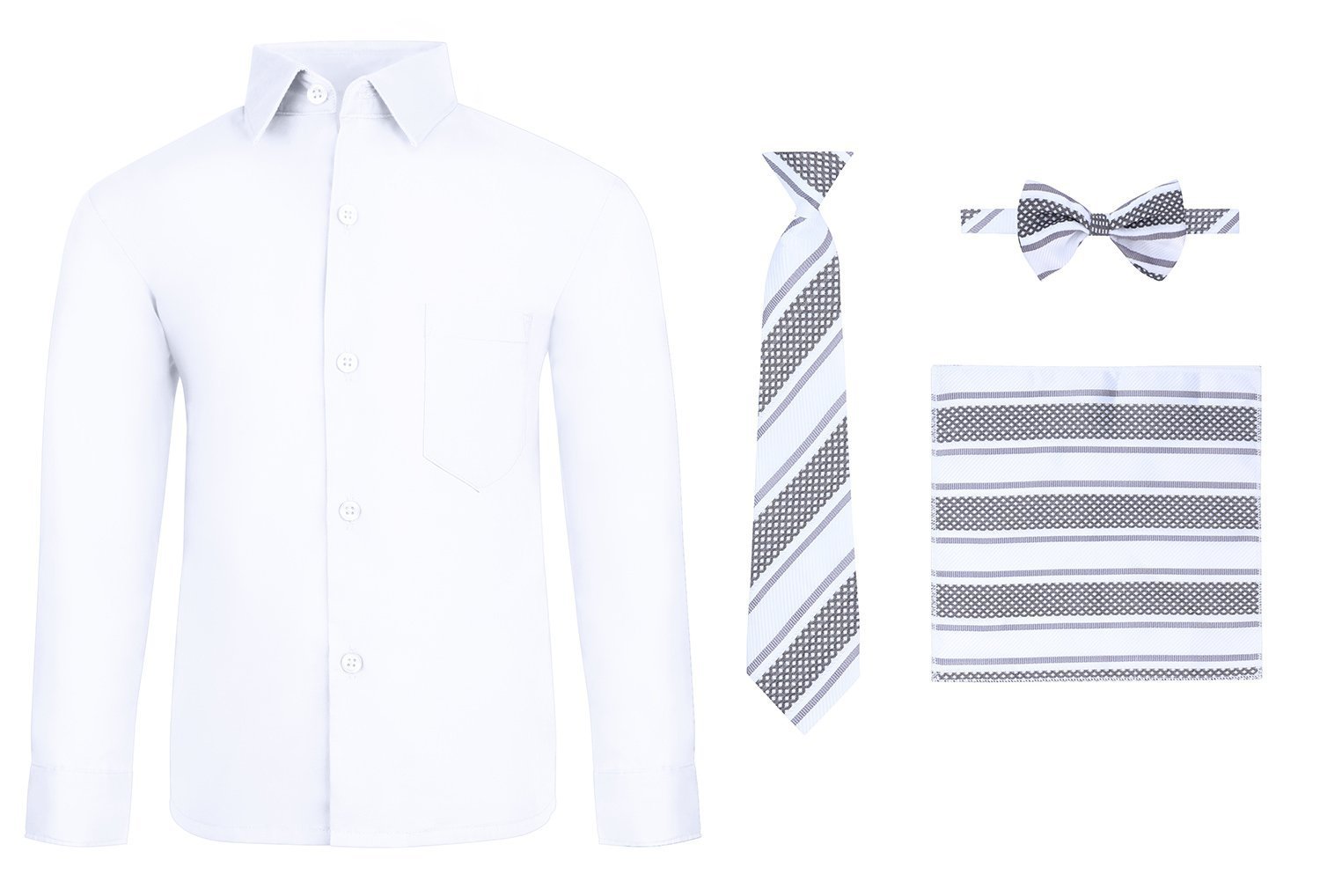 S.H. Churchill & Co. Boys' 6-Piece Formal Dress Set - White Shirt & Black Comfort Waist Pants with Tie, Bow Tie, Handkerchief & Belt - Size 7 - Perfect for Weddings, Church, School Photos & Special Occasions