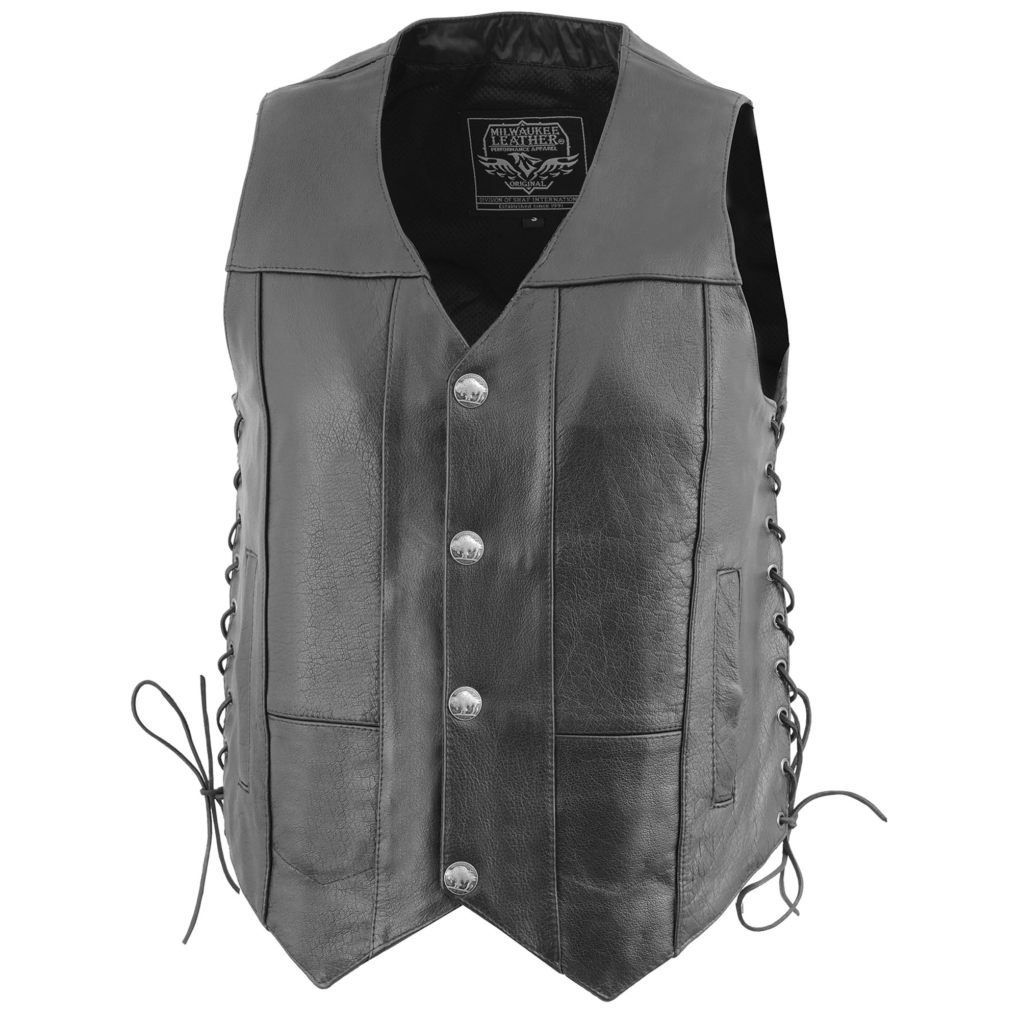 Milwaukee Leather Men's Black Classic V-Neck Motorcycle Vest with Buffalo Snaps & Side Laces LKM3701 - Stylish Biker Jacket for Harley Davidson Riders & Motorcycle Enthusiasts