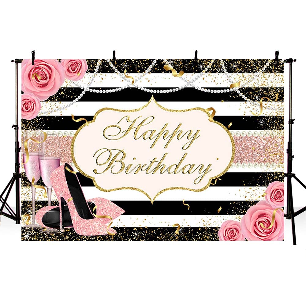 Happy Birthday Backdrop for Women - 7x5ft Black White Stripe with Pink Rose Flowers, Pearls, Rose Gold Heels & Champagne - Photography Background for Cake Table, Wall Decor, Party Props - Perfect for Birthday Parties, Baby Showers & Bridal Showers