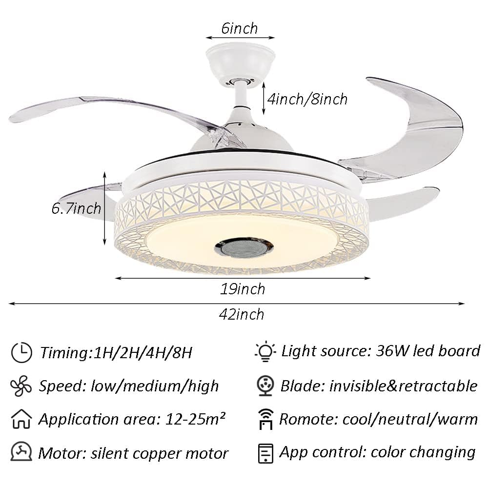 42 Inch Retractable Ceiling Fan with LED Light & Bluetooth Speaker - Modern Invisible Chandelier with Remote Control, 7 Color Changing Lights & 3 Speed Settings - Perfect for Living Room, Bedroom, Office & Patio (White)