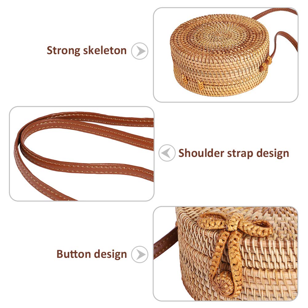 **Forart Handwoven Round Rattan Bag with Leather Straps – Natural Chic Crossbody Purse for Women | Boho Beach Bag, Summer Outing, Casual Shopping (Ships from USA)**