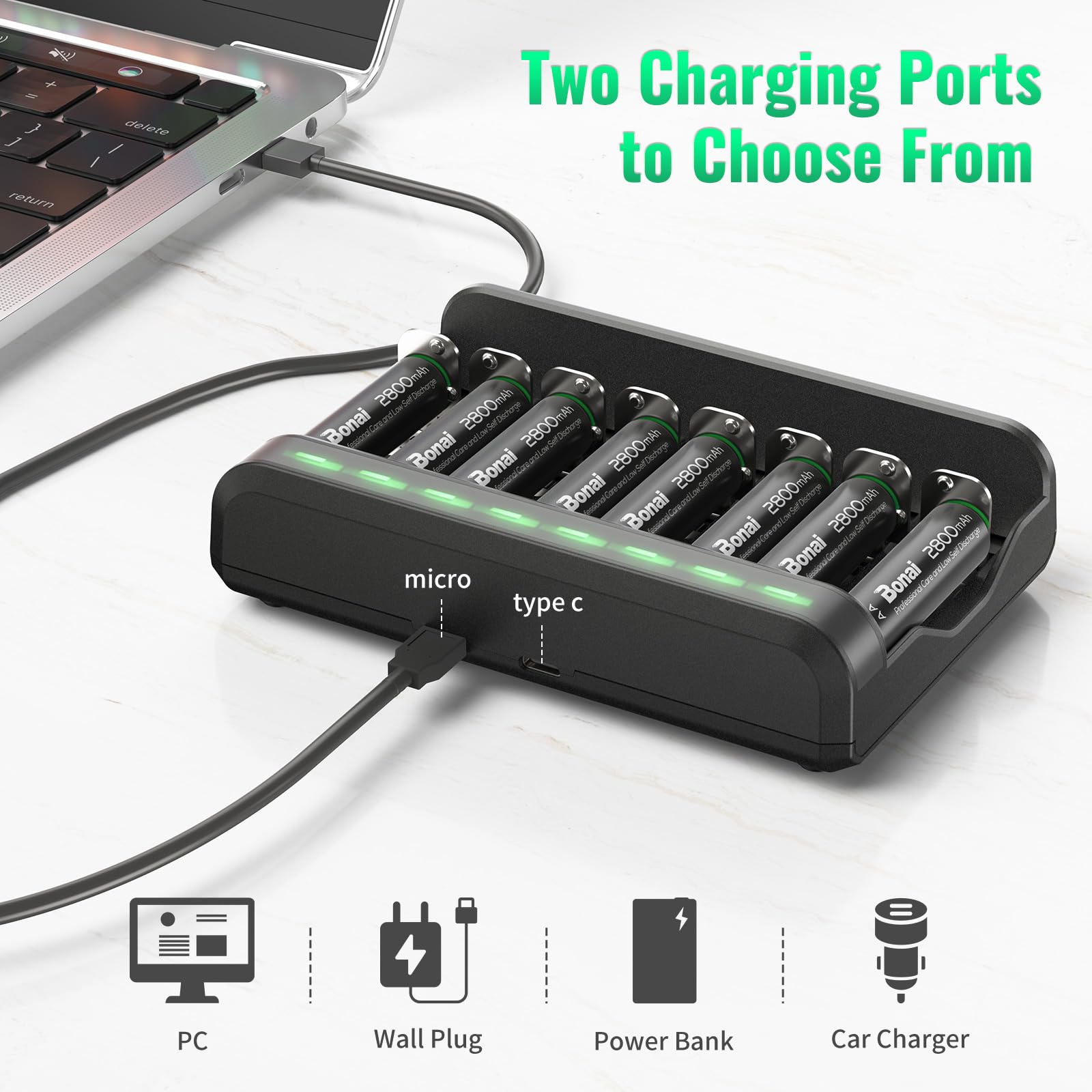 BONAI 8-Pack 2800mAh Rechargeable AA Batteries with Independent Slot Charger - Compatible with AA AAA C D NiMH Batteries - Perfect for Cameras, Toys, Flashlights & Electronics