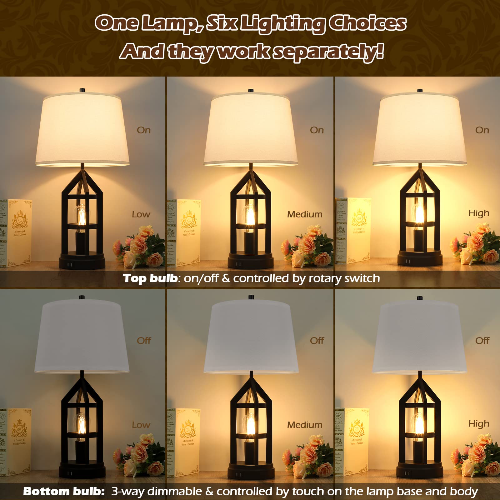 BesLowe 2-Pack Farmhouse Style Touch Control Table Lamps - 3-Way Dimmable Bedside Lamps with 2 USB Charging Ports, Rustic End Table Lamps for Living Room & Bedroom, Includes 4 LED Bulbs & White Fabric Shades - Perfect for Nightstands, Home Office, and Cozy Reading Nooks