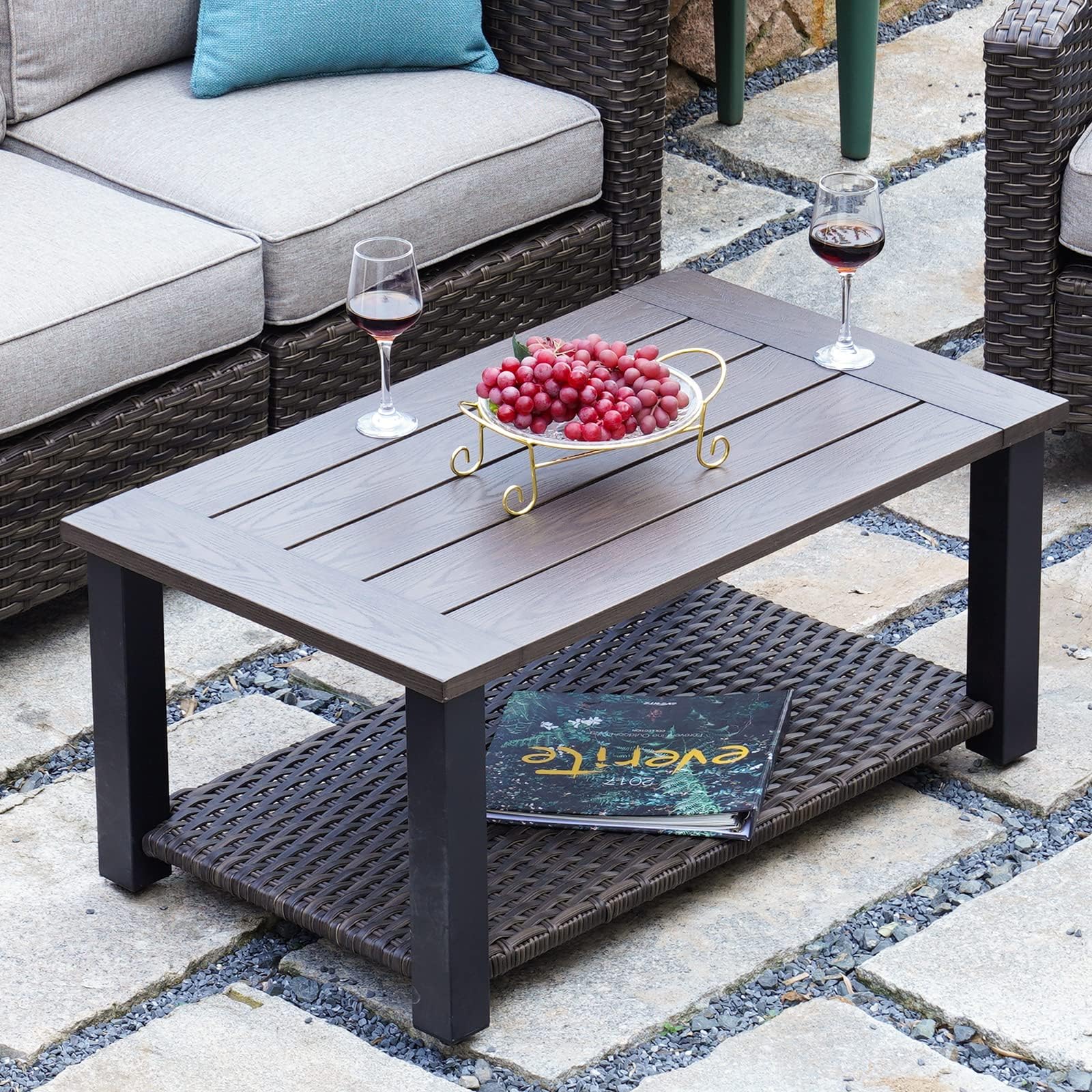 40-inch Modern Outdoor Coffee Table with Wicker Shelf Storage - Rectangle Faux Wood Patio Table for Conversation Sets | Durable Weather-Resistant Design for Backyard, Deck & Poolside Relaxation