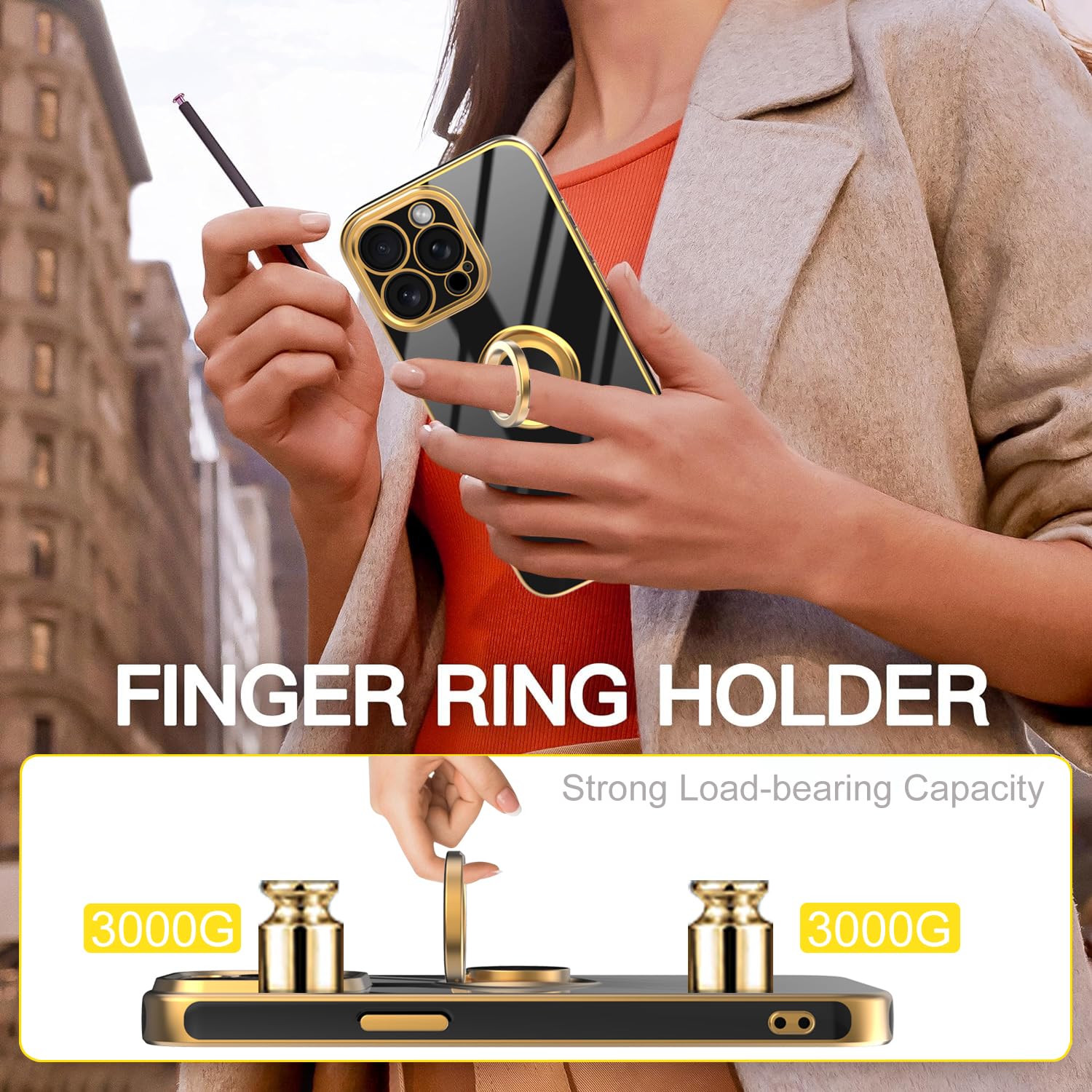 Premium iPhone 15 Pro Max Case with Multi-Function Finger Ring Stand - Upgraded Camera Protection & Gold Plated Slim Cover (Black) | Perfect for Everyday Use, Travel & Hands-Free Viewing