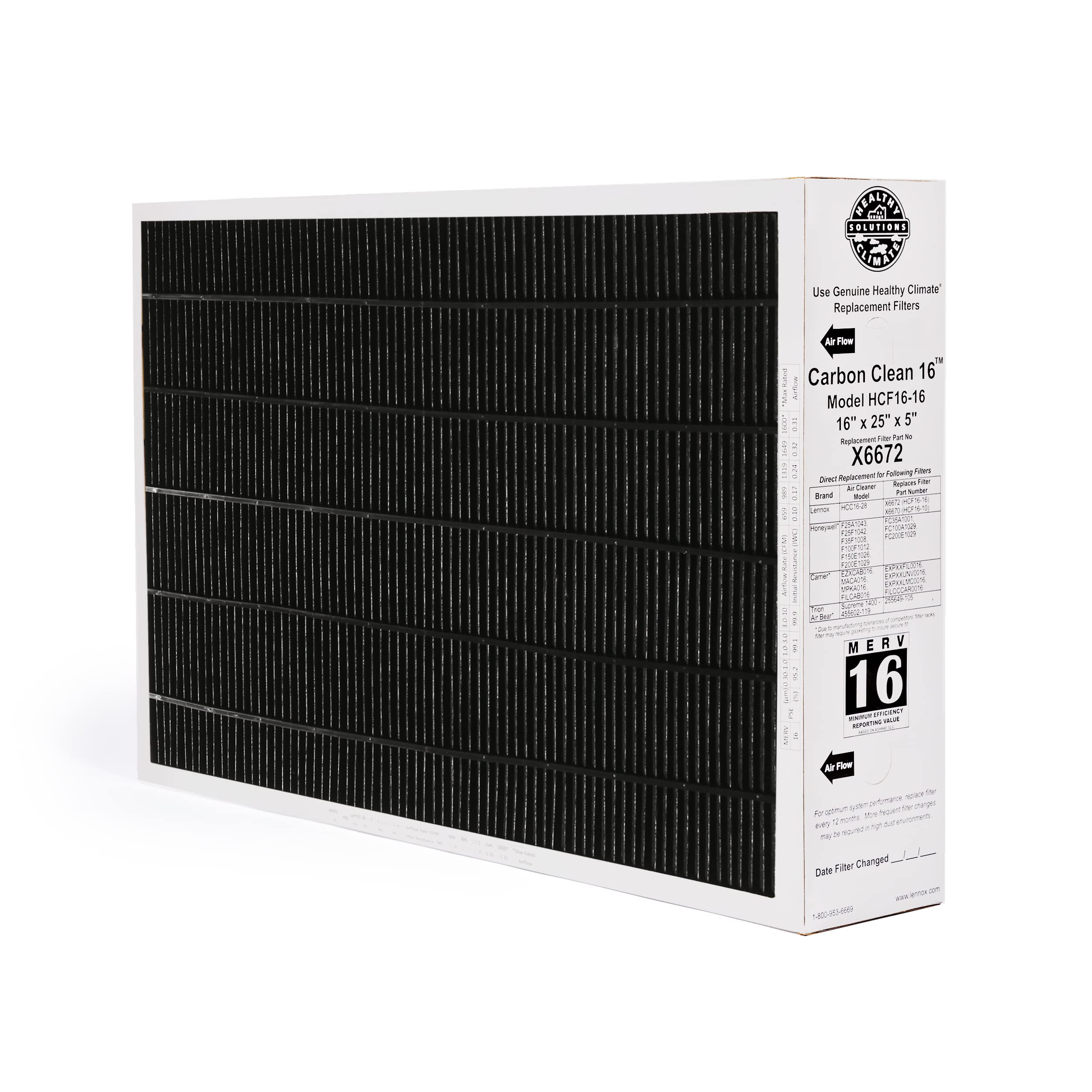 Lennox X6672 16x25x5 MERV 16 Furnace Air Filter - Healthy Climate Carbon Clean HVAC System Replacement - for Home, Office & Commercial Use - Includes Free Wholesalehome Cleaning Cloth - Improves Indoor Air Quality & Reduces Allergens