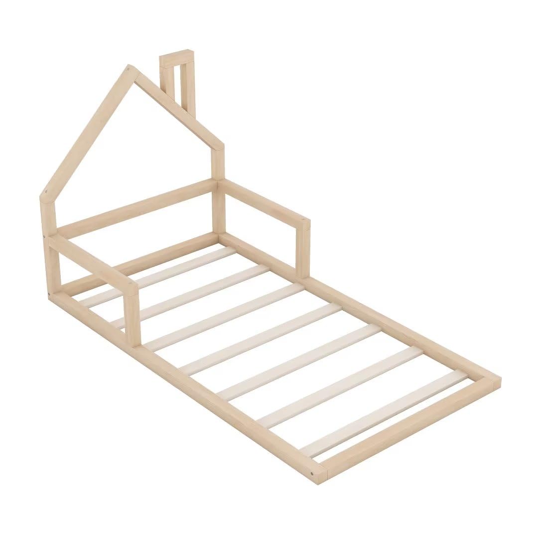 House-Shaped Headboard Twin Size Floor Bed - Montessori Style Low Platform Bed Frame for Kids, No Box Spring Needed, Natural Wood - Perfect for Playrooms, Bedrooms & Montessori Learning Spaces