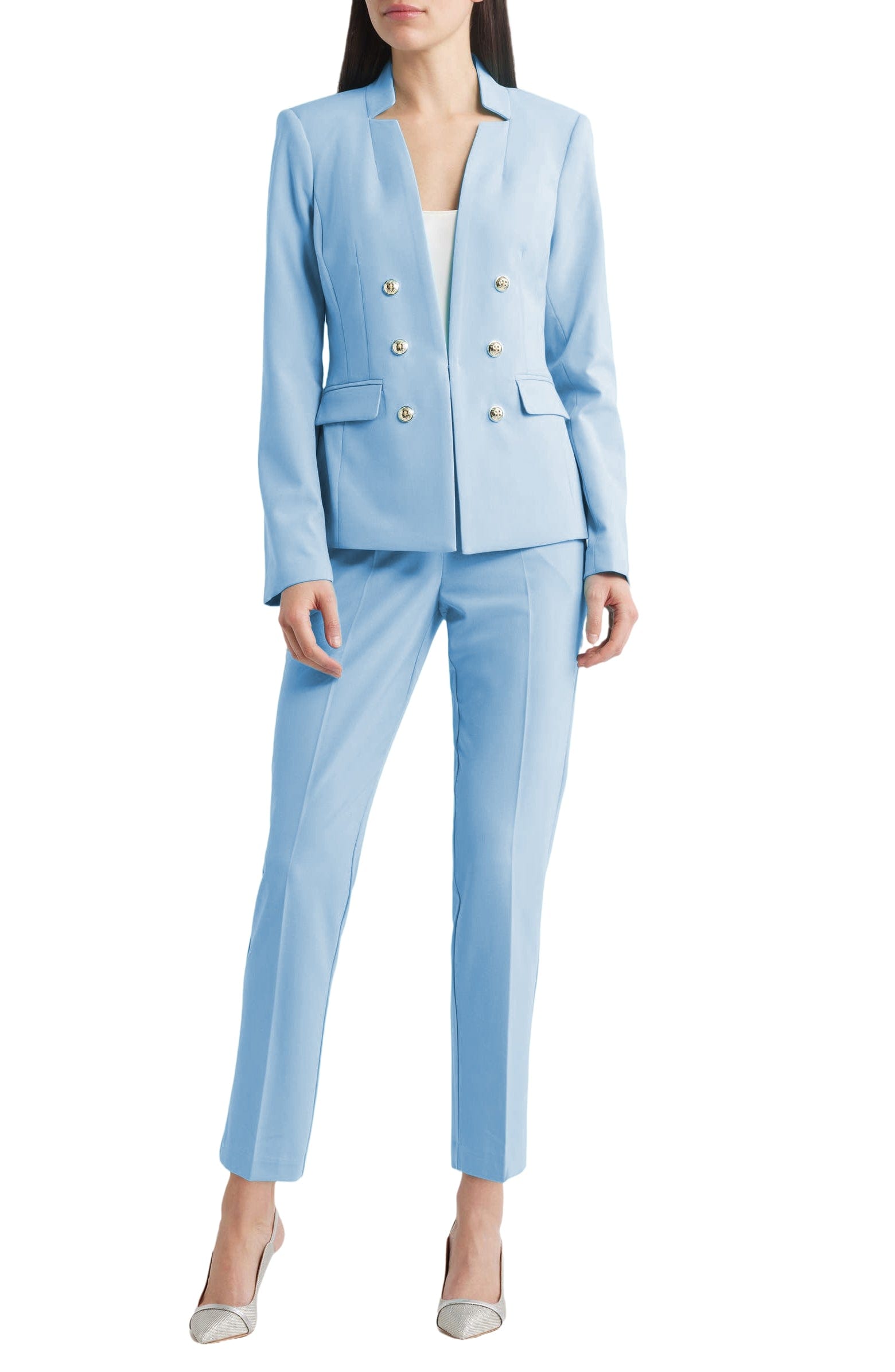 Light Blue 2-Piece Double Breasted Stand Collar Women's Casual Suit Set - Perfect for Office, Business Meetings & Formal Events