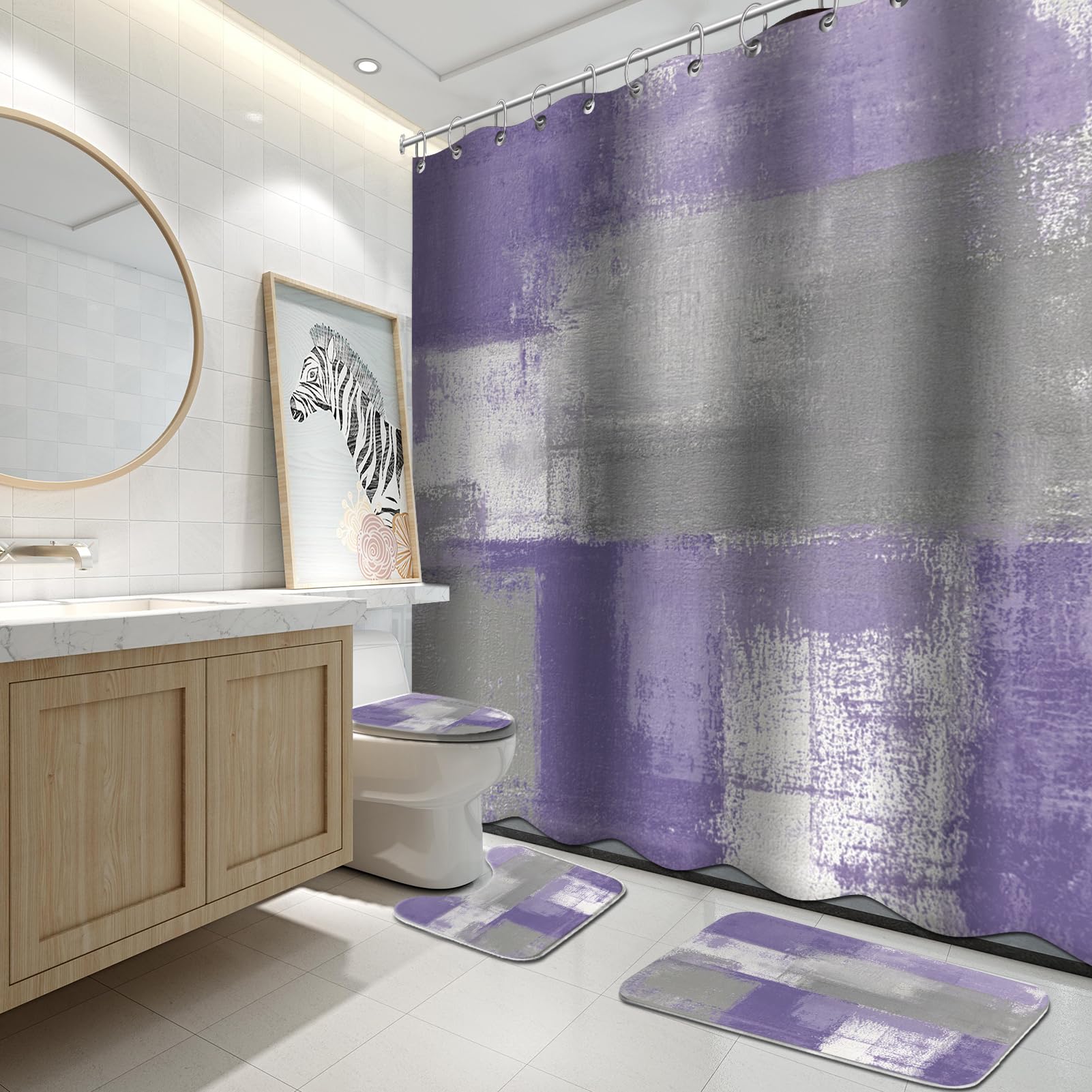 Lnond 4Pcs Purple and Grey Painting Art Bathroom Shower Curtain Set with Matching Rugs & Accessories - Waterproof Bath Decor for Modern Home, Spa, Hotel (Purple/Grey)